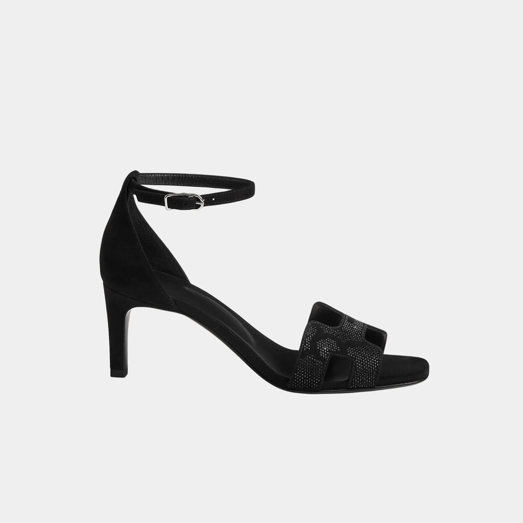 Hermes Joy 70 Heeled Sandals Suede Goatskin with Rhinestones, Noir, Side