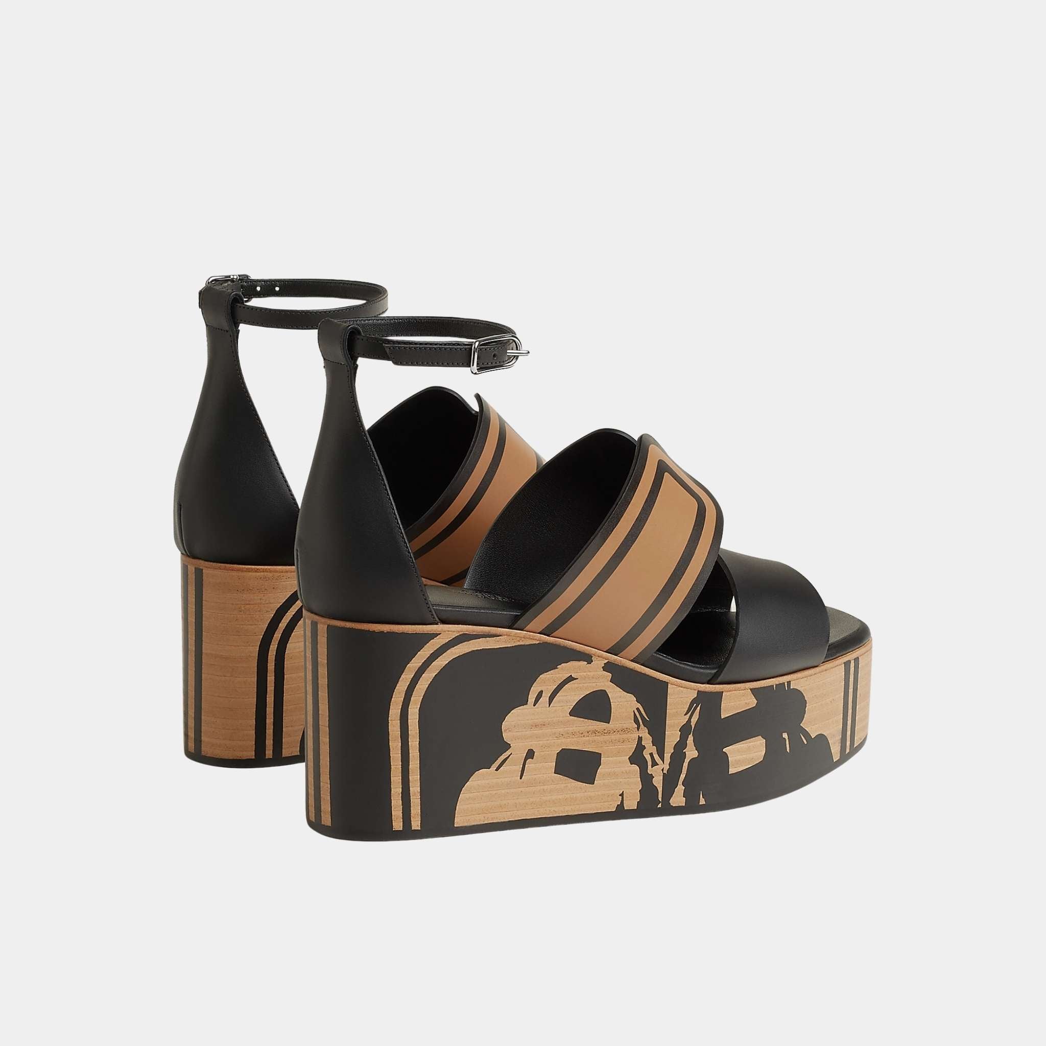 Hermes Kalis 35 Wedge Sandals in Calfskin, Naturel, Noir, Back