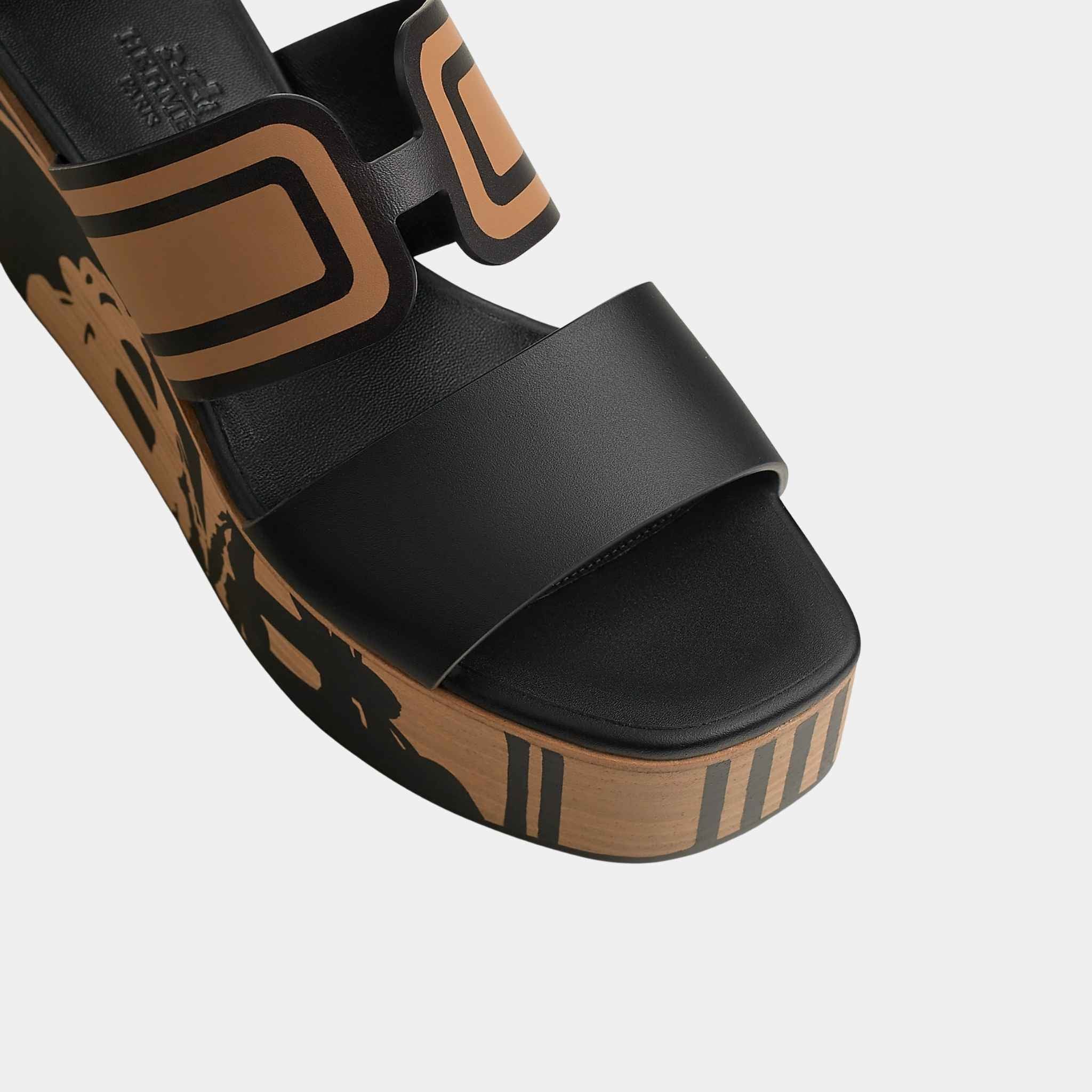 Hermes Kalis 35 Wedge Sandals in Calfskin, Naturel, Noir, Top