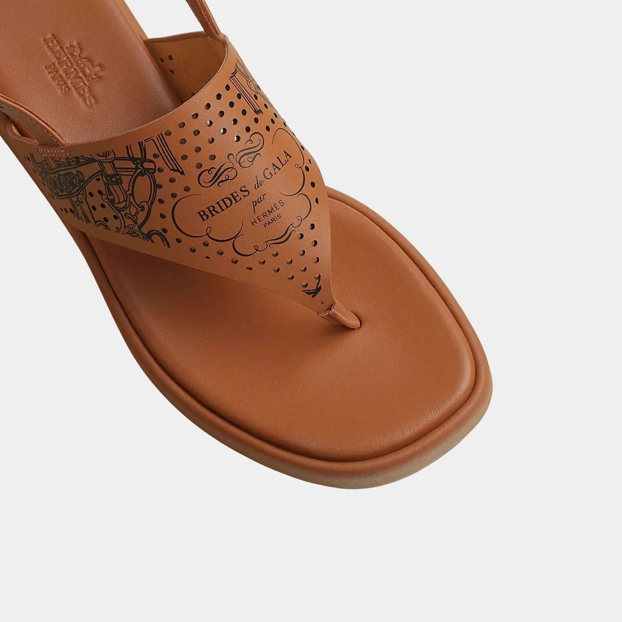 Hermes Karima Sandals in Printed Cafskin, Naturel, Noir, Top