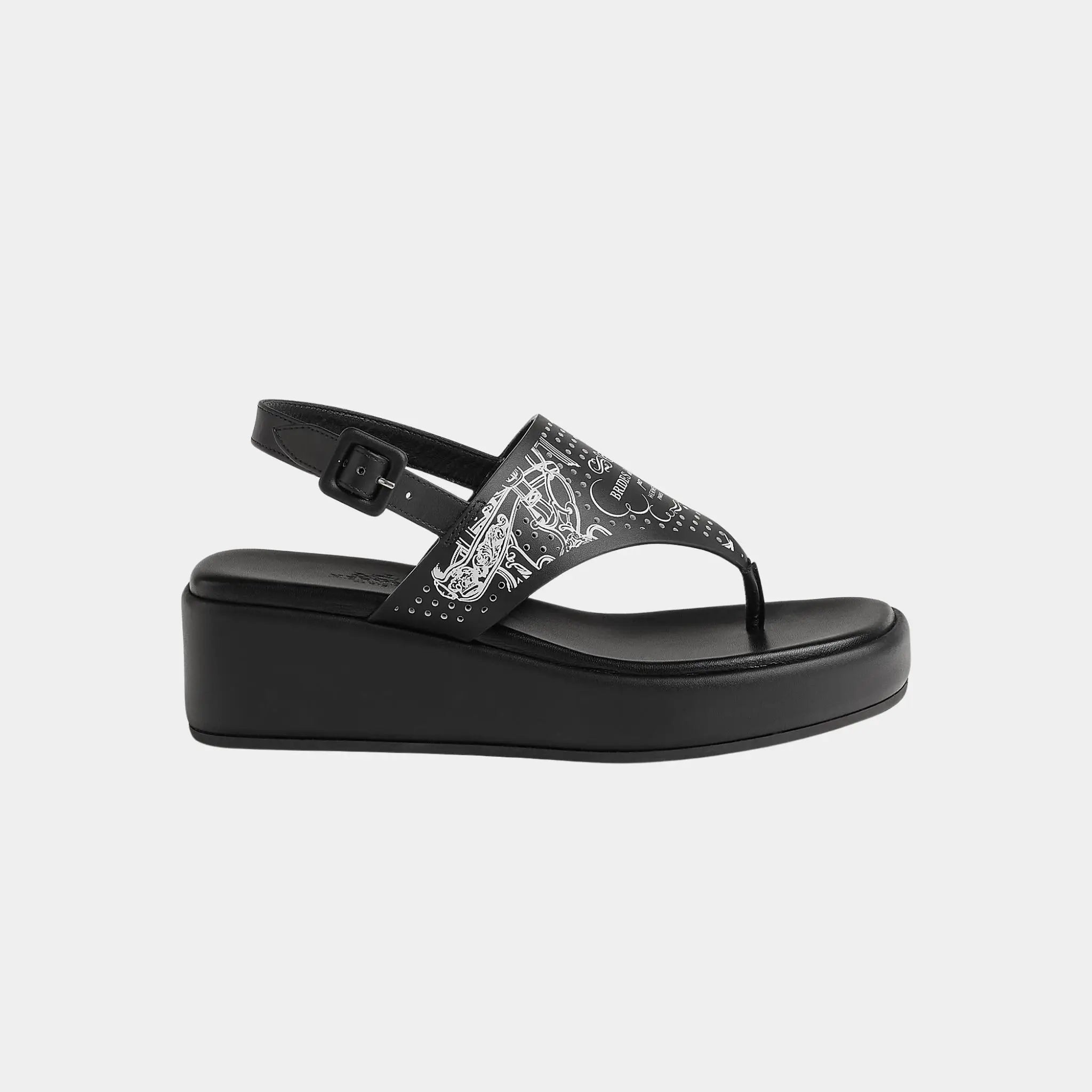 Hermes Karima Sandals in Printed Cafskin, Noir, Blanc, Side