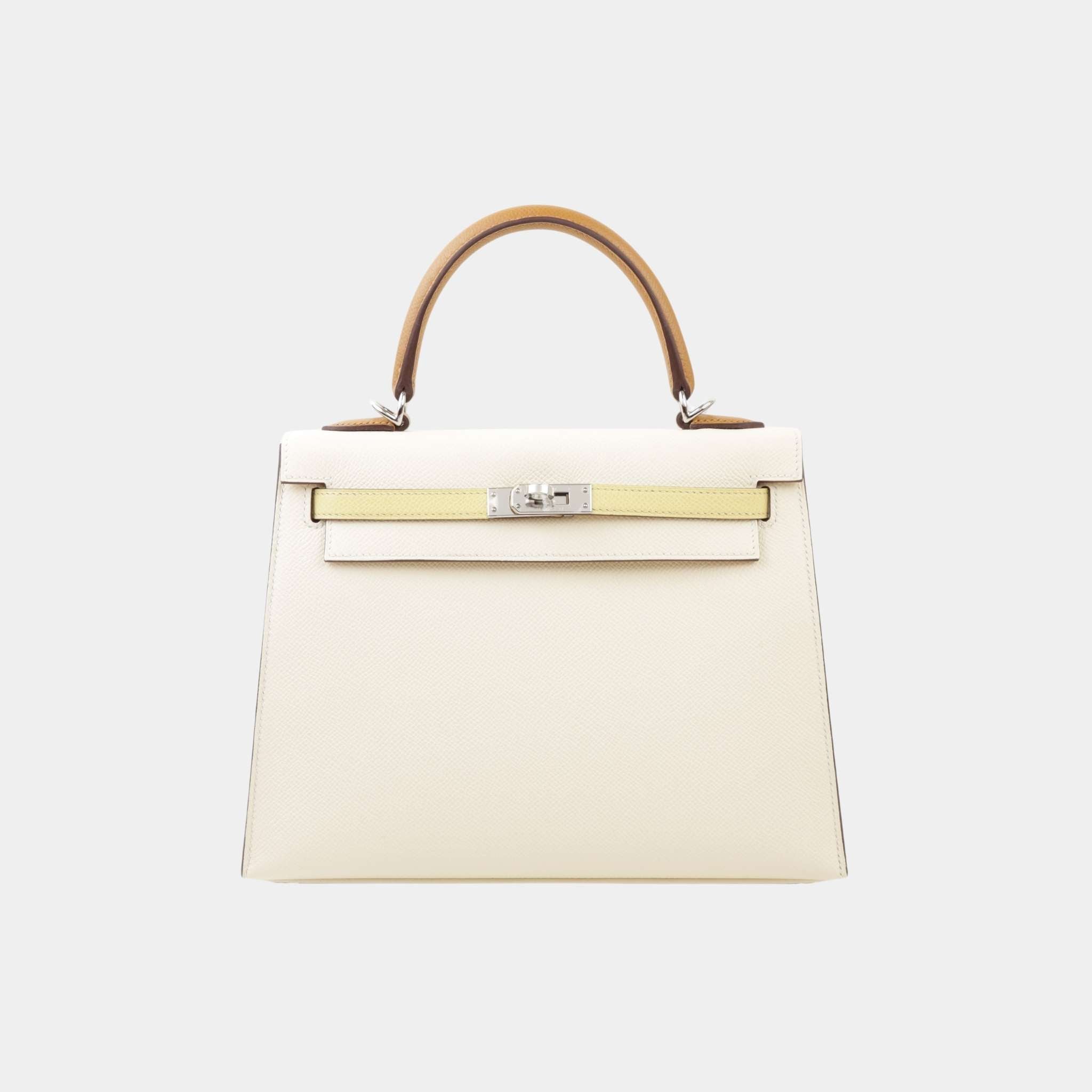 Hermes Kelly 25 Epsom Sellier Jaune Poussin/Sesame/Nata PHW, Front