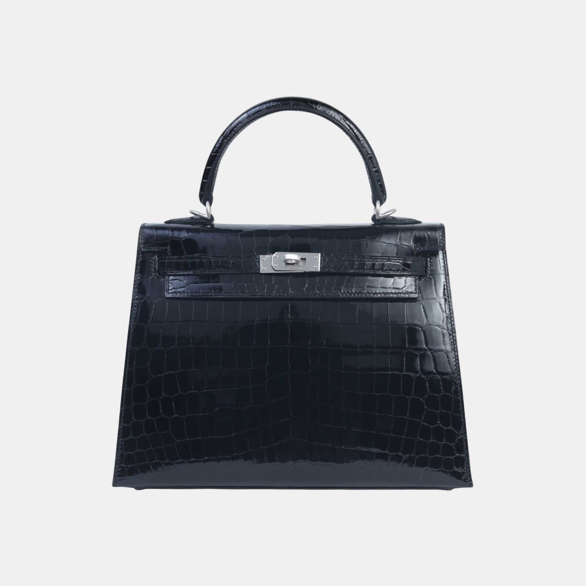 Hermes Kelly 25 Shiny Niloticus Crocodile Sellier Black PHW, Front
