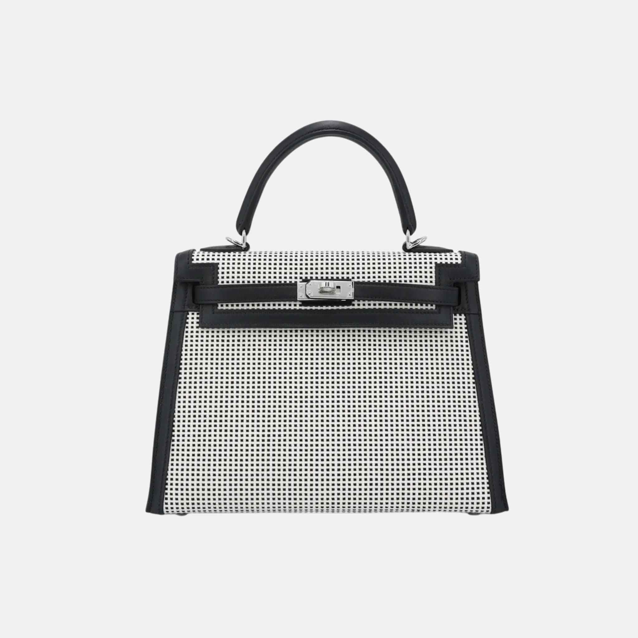 Hermes Kelly 25 Toile Quadrille Canvas-Swift Black PHW, Front