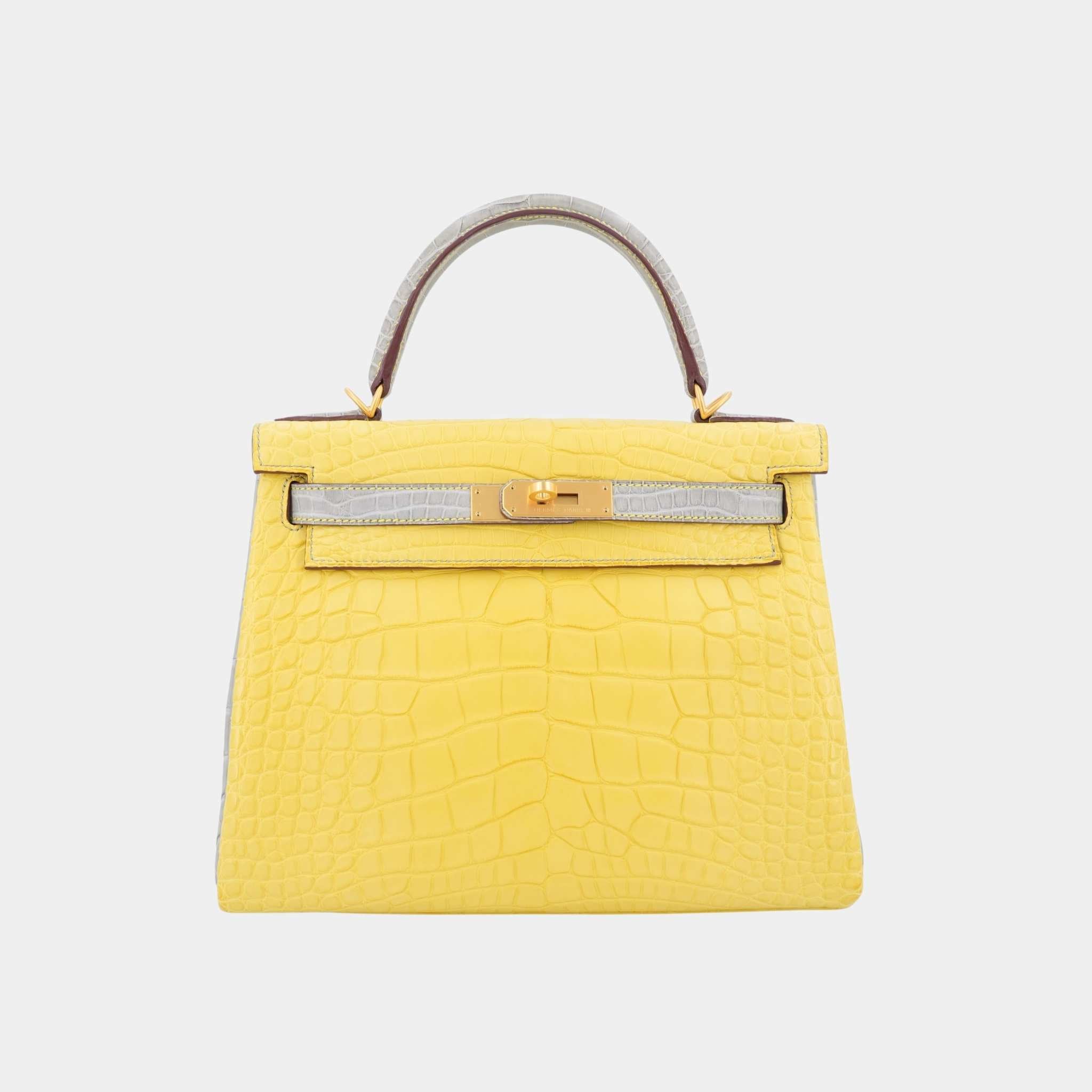 Hermes Kelly 28 HSS Matte Alligator Gris Perle/Lime GHW, Front