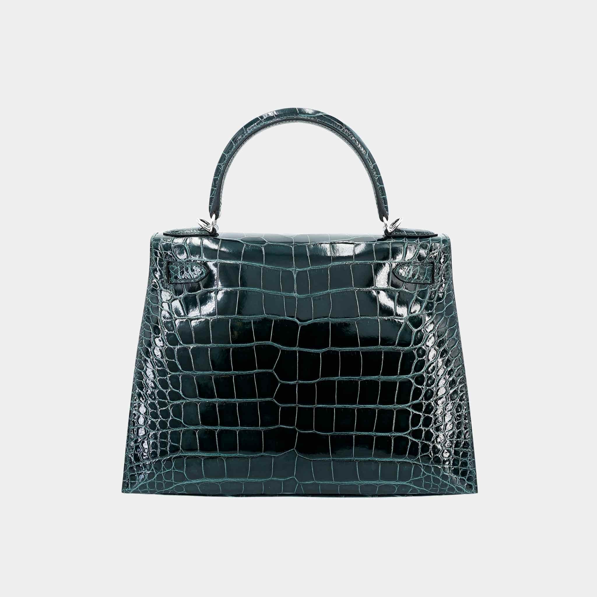 Hermes Kelly 28 Sellier Shiny Alligator Vert Cypress PHW, Back