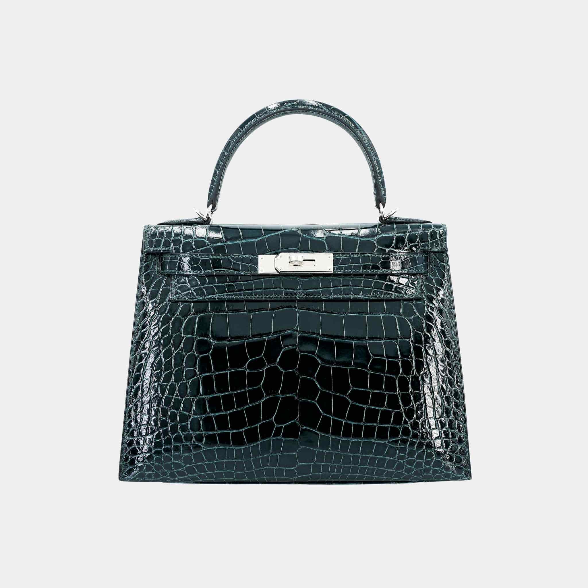 Hermes Kelly 28 Sellier Shiny Alligator Vert Cypress PHW, Front