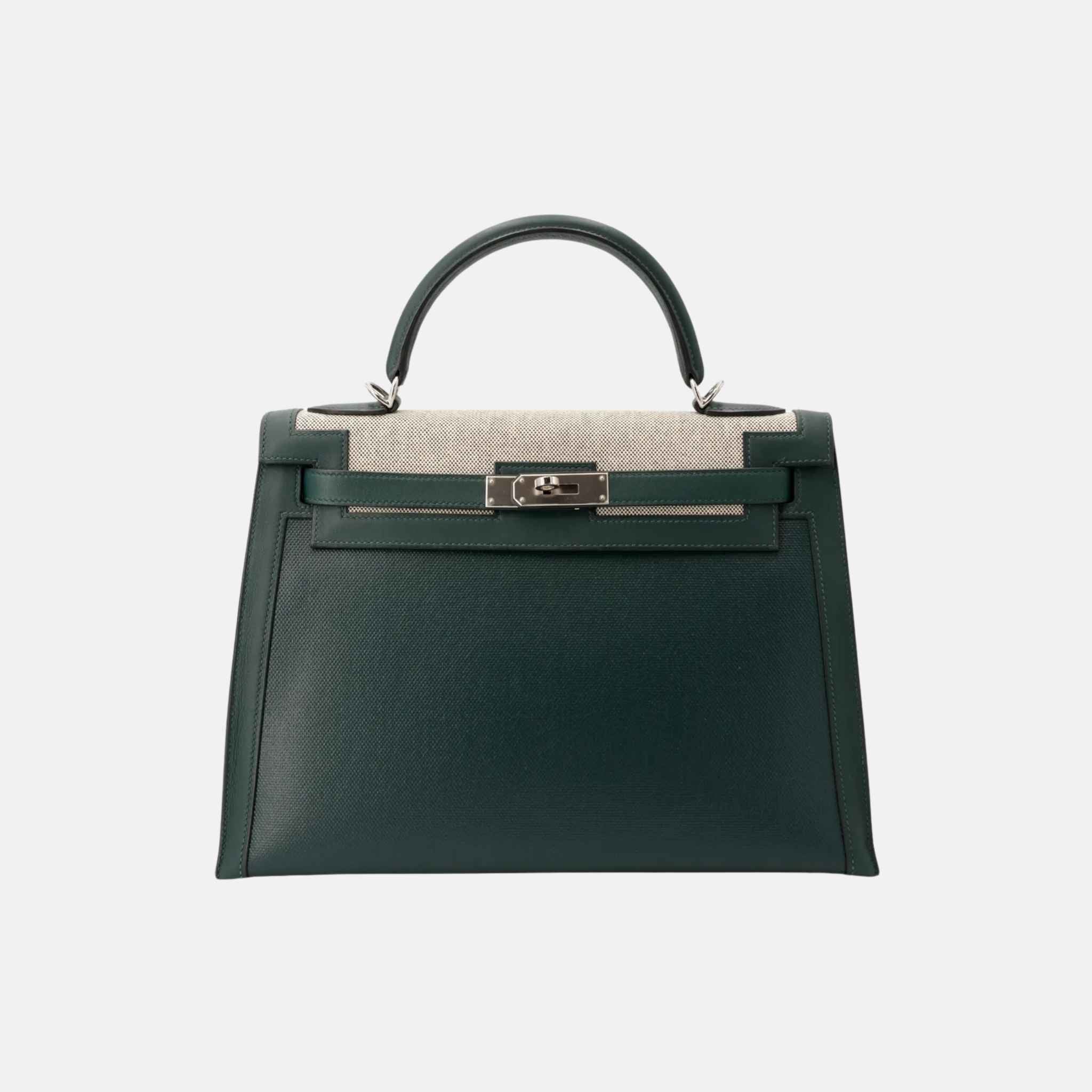 Hermes Kelly 32 Swift Toile Berline Canvas Vert Cypress PHW, Front