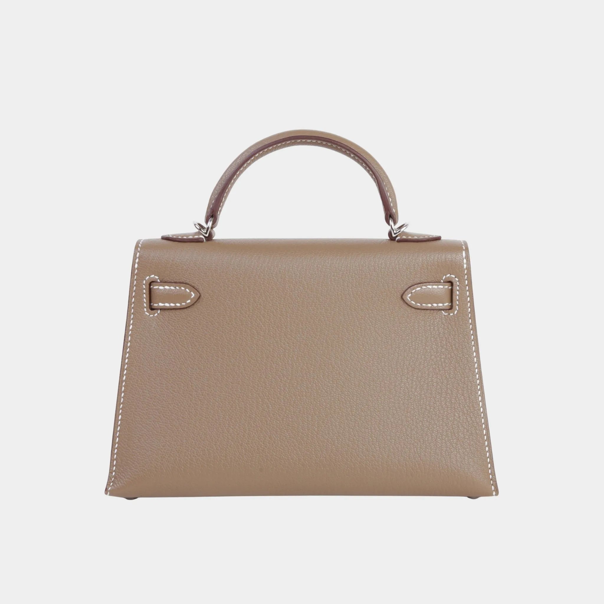 Hermes Kelly Mini Chevre Etoupe/Gris Pale PHW, Back