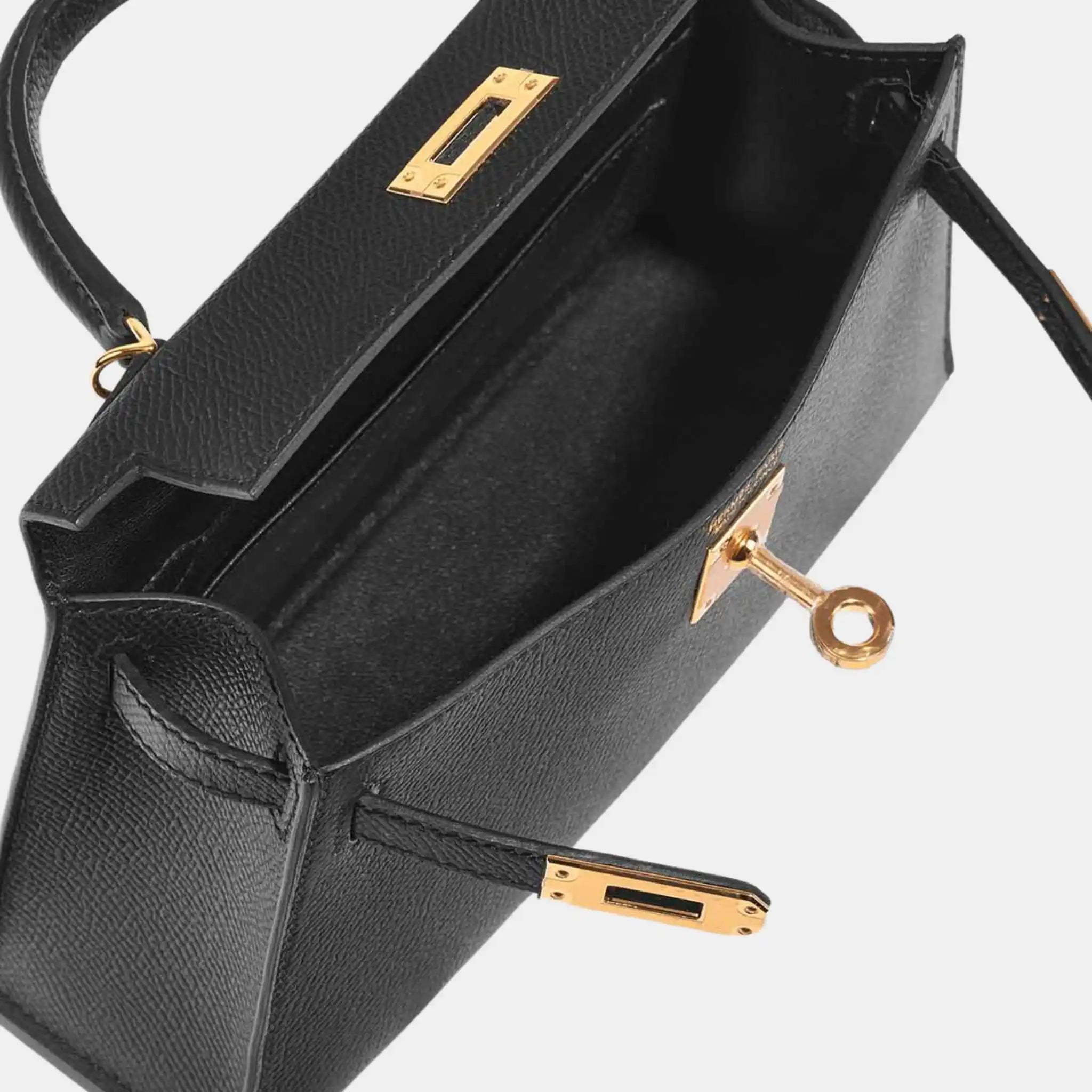 Hermes Kelly Mini Epsom Black GHW, Black, Interior, Top