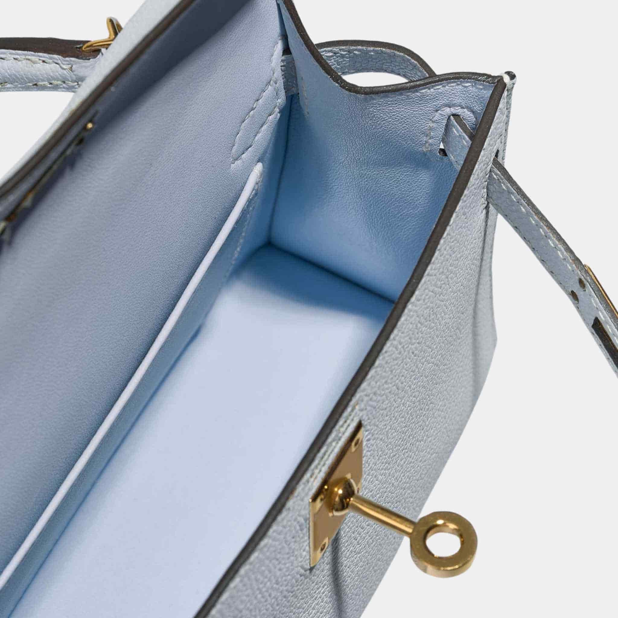 Hermes Kelly Mini II 20 Chevre Mysore Blue Brume, Closeup