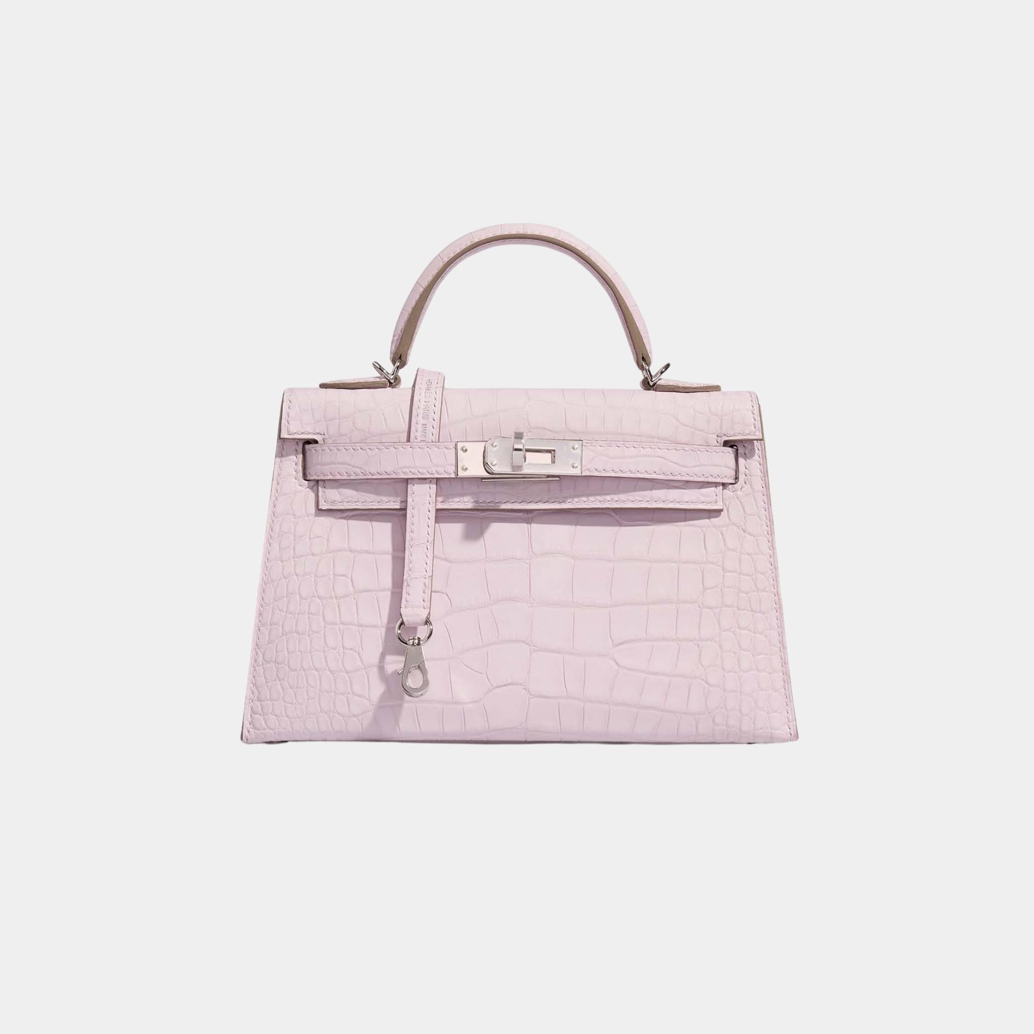 Hermes Kelly Mini Matte Alligator Borreal Mauve Pale PHW, Front