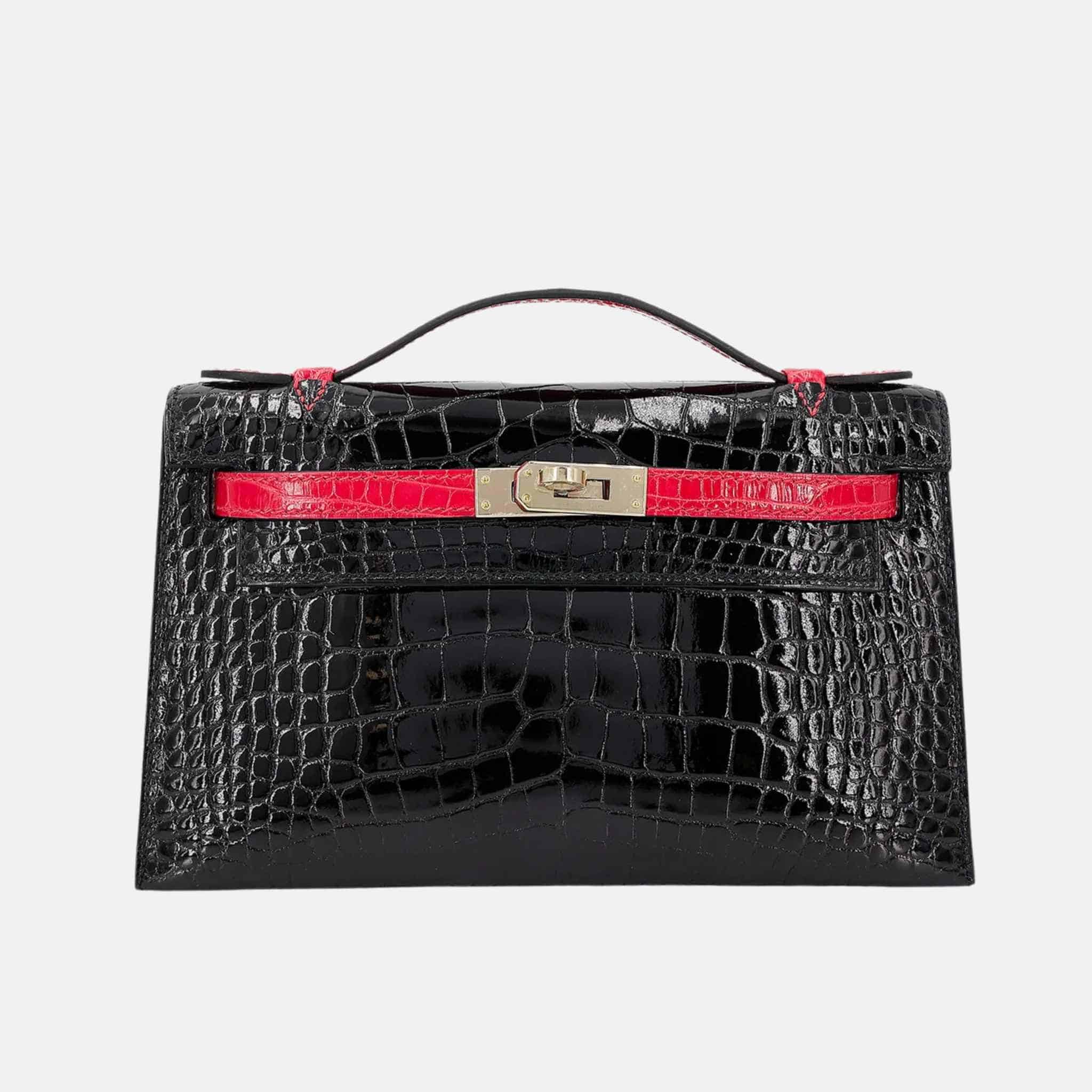 Hermes Kelly Pochette HSS Alligator Black/Geranium PHW, Front