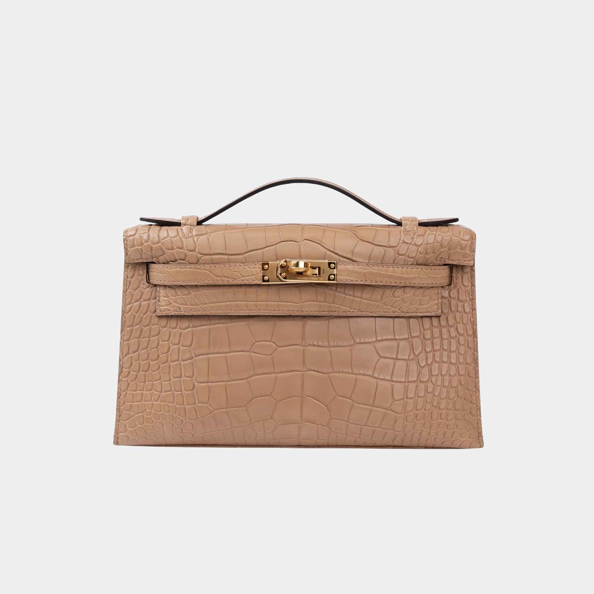 Hermes Kelly Pochette Matte Alligator Chai GHW, Front