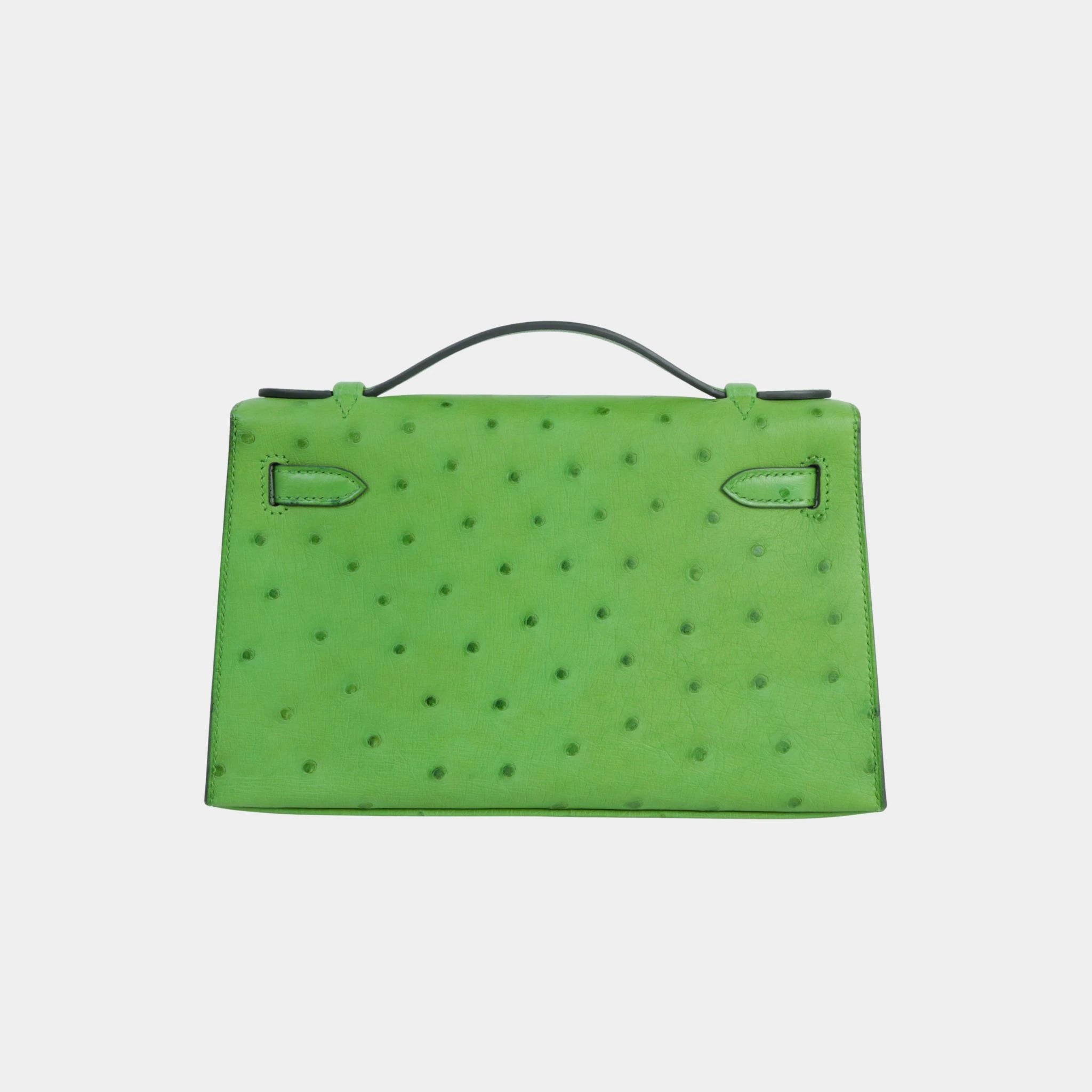 Kelly Pochette Ostrich Vert Yucca PHW