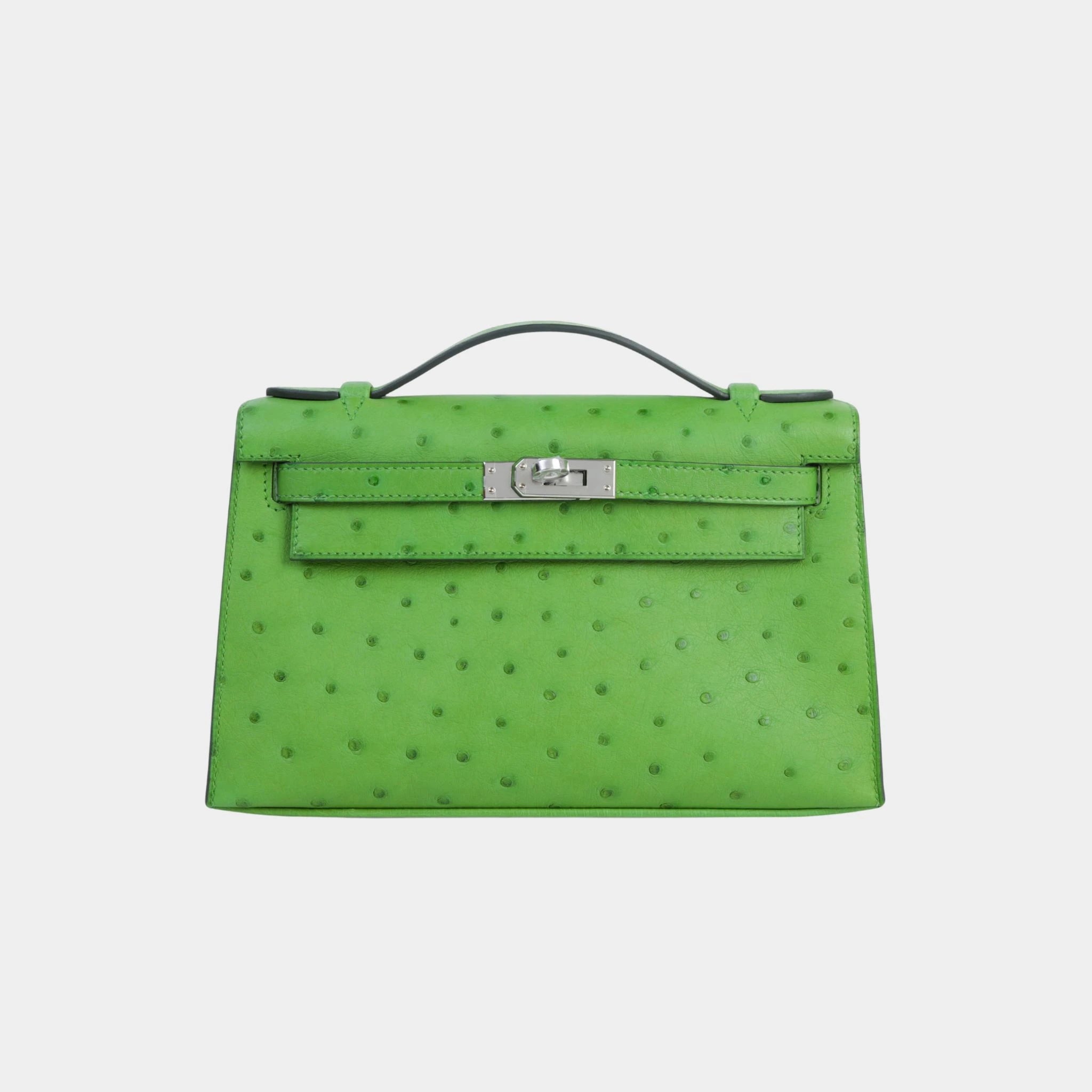 Kelly Pochette Ostrich Vert Yucca PHW