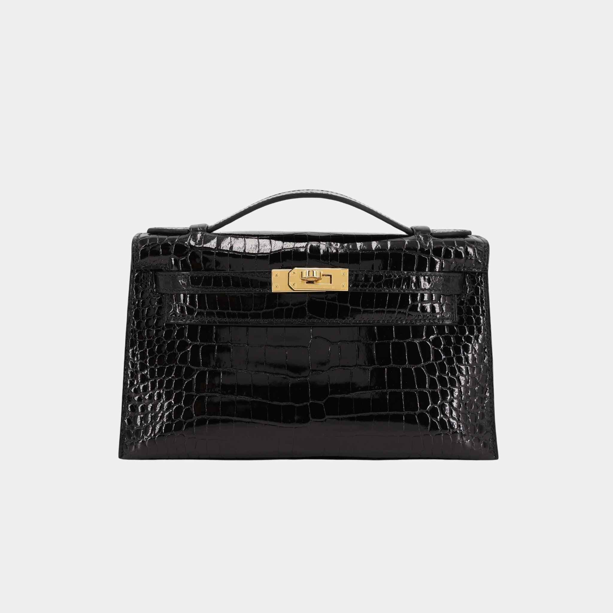 Hermes Kelly Pochette Porosus Crocodile Black GHW, Front