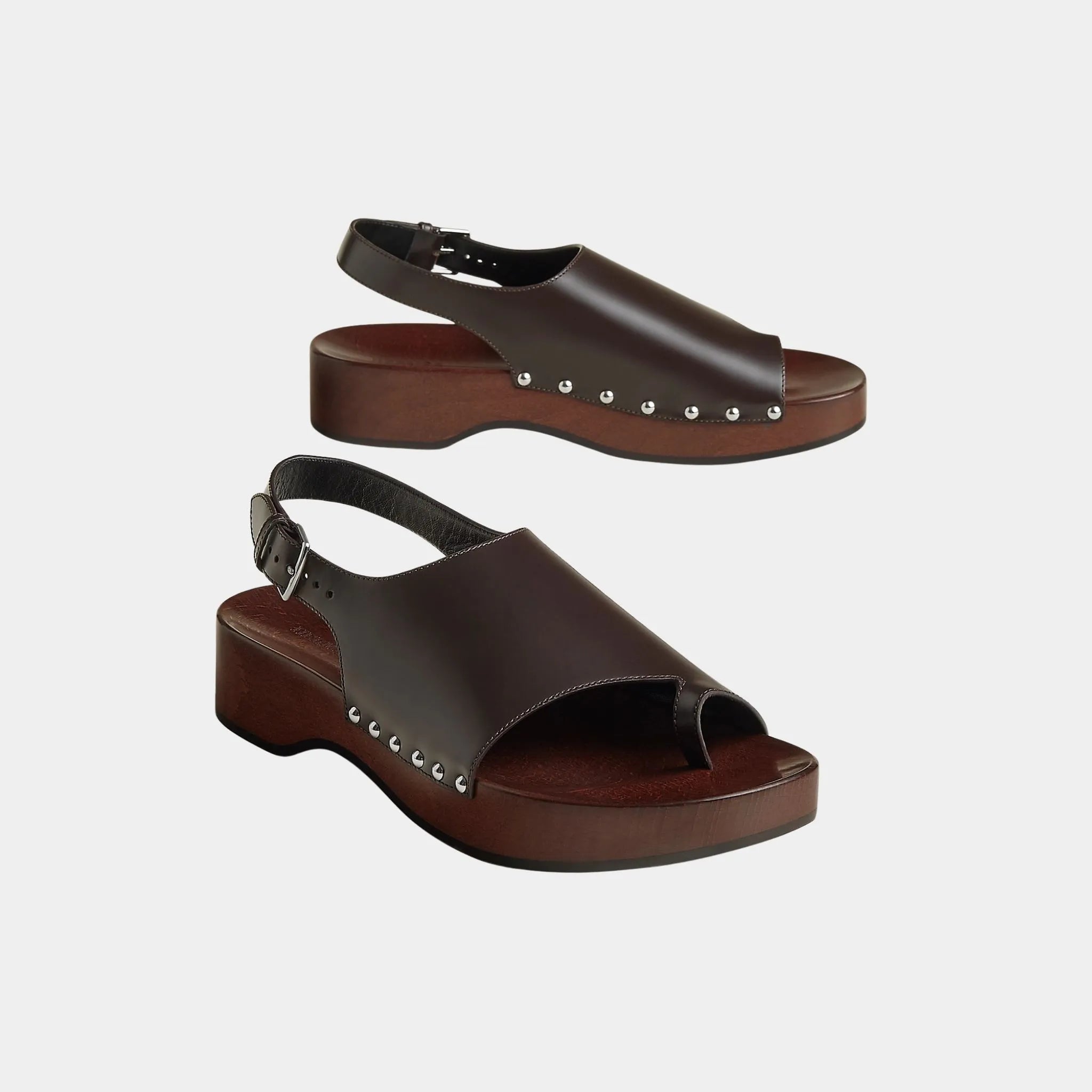 Hermes Klay Clogs in Glazed Calfskin, Marron Ebene, Front