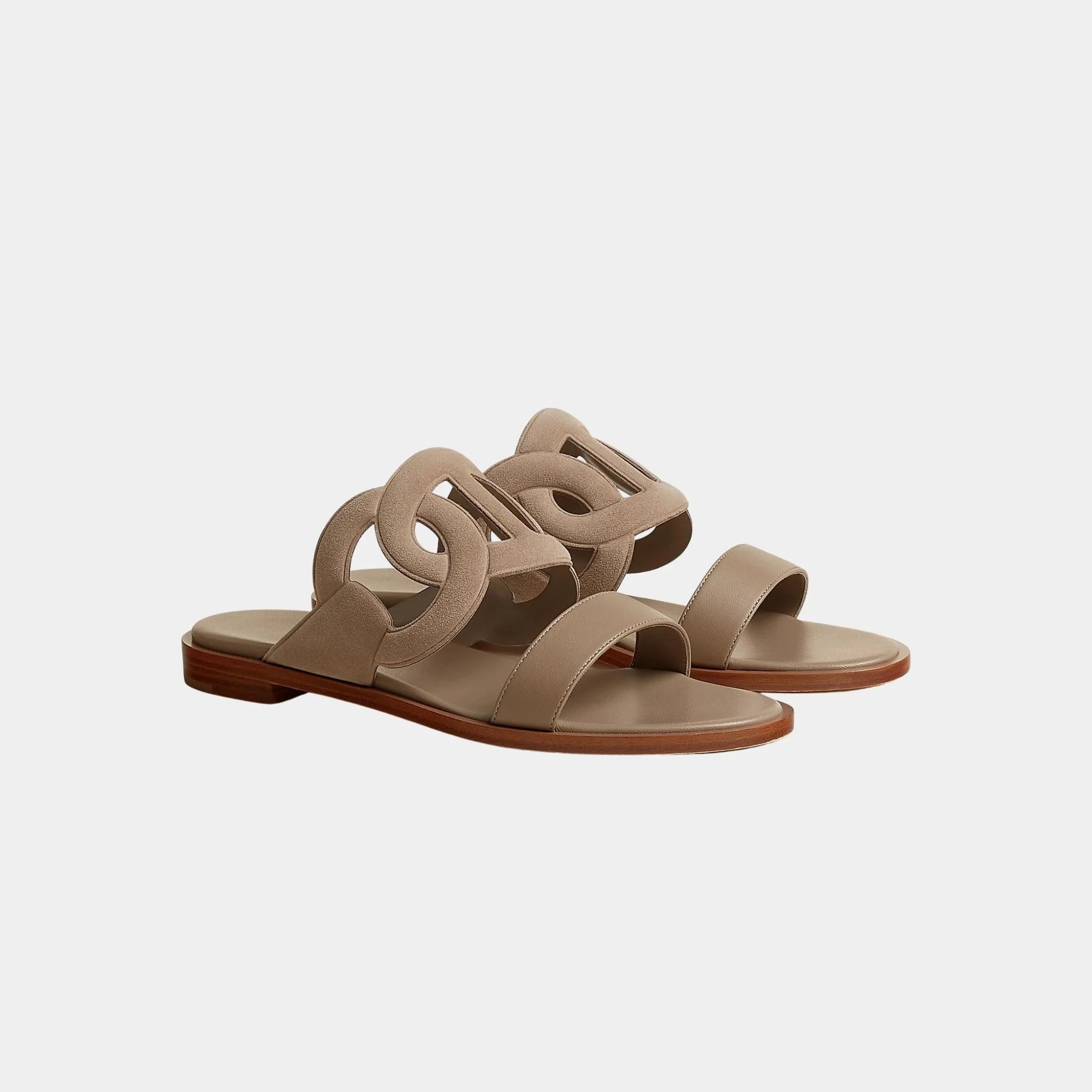 Hermes Lagoon Sandals in Suede and Nappa Goatskin, Beige Sable, Front