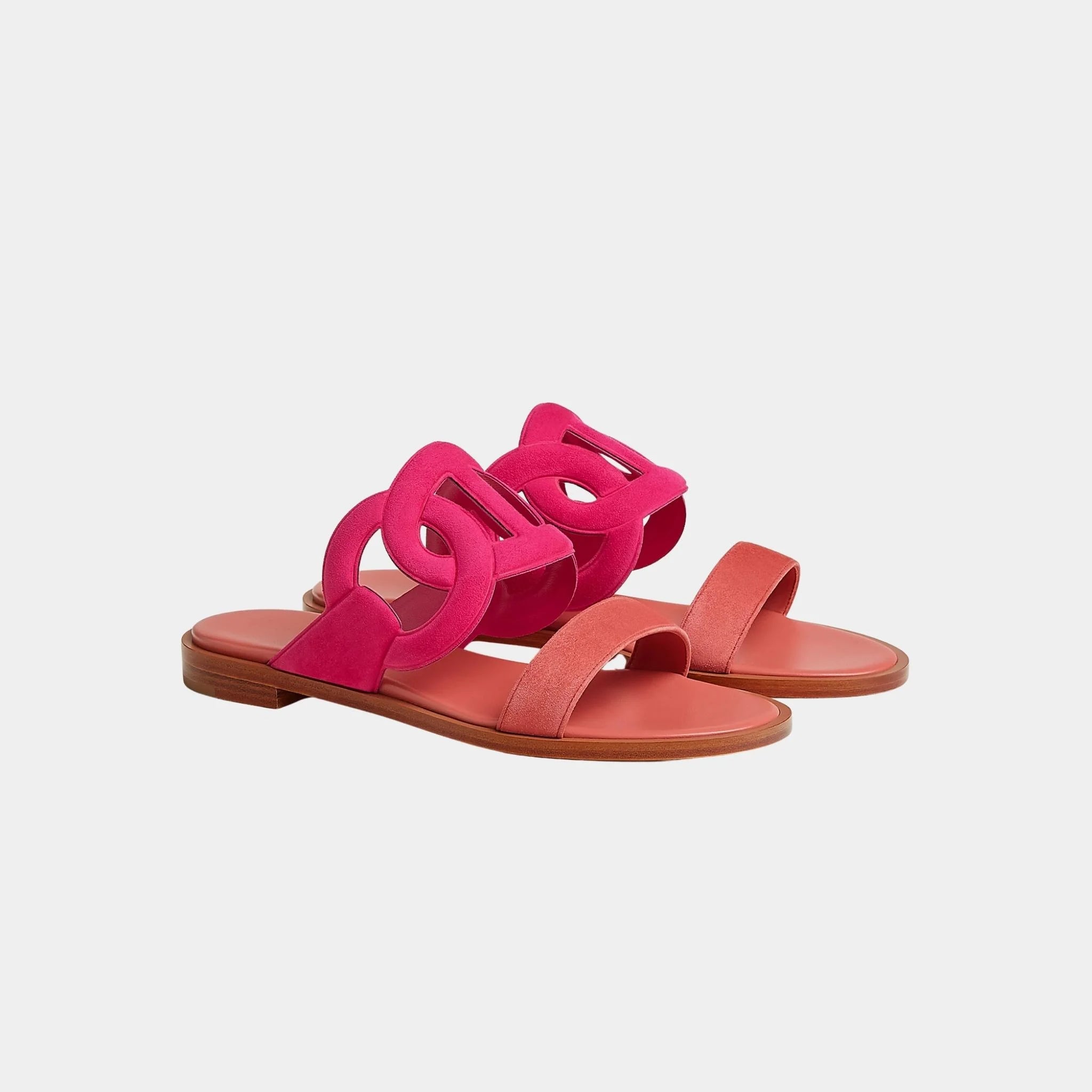 Hermes Lagoon Sandals Two-tone Suede Goatskin, Rose Sakura, Rouge Tomette, Front