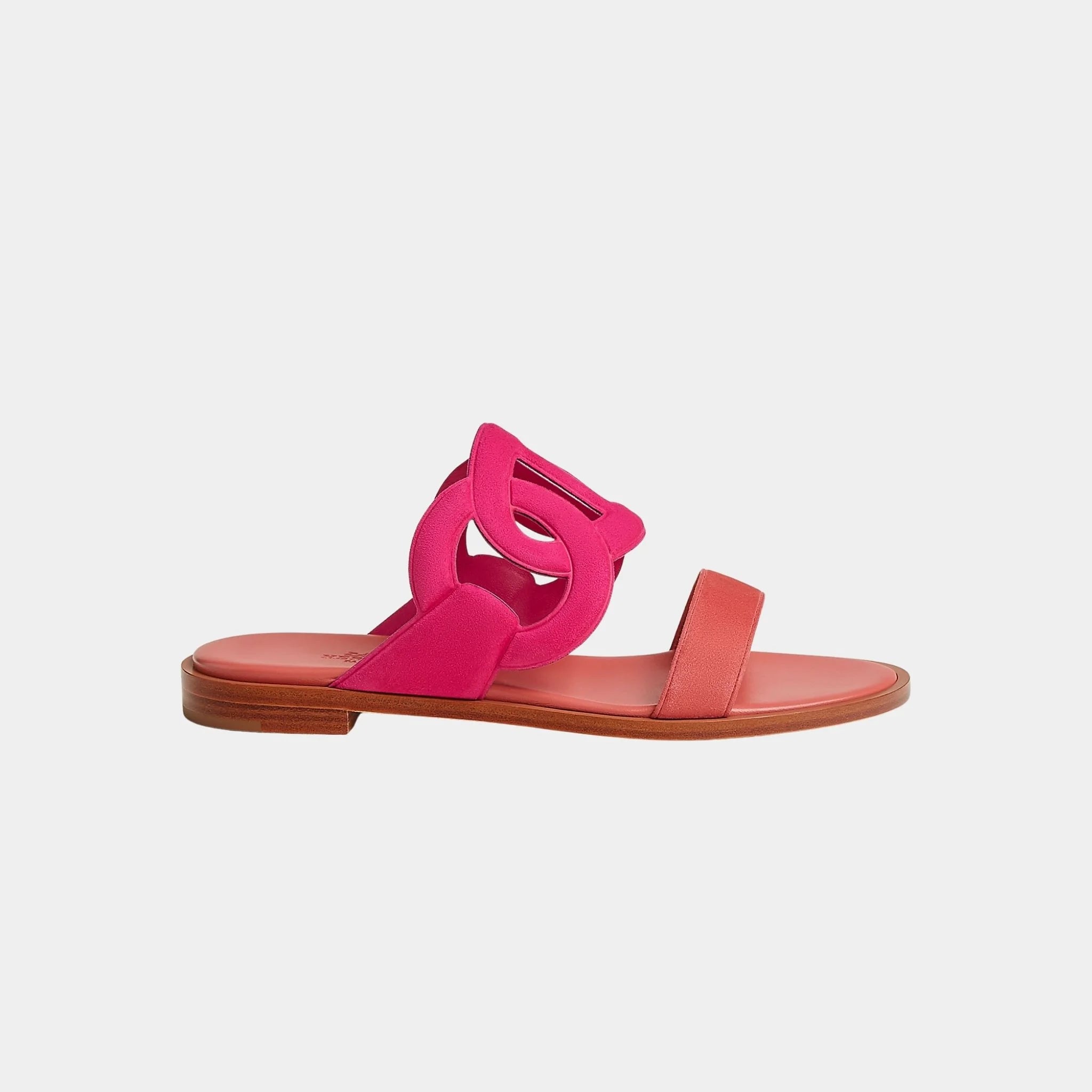 Hermes Lagoon Sandals Two-tone Suede Goatskin, Rose Sakura, Rouge Tomette, Side