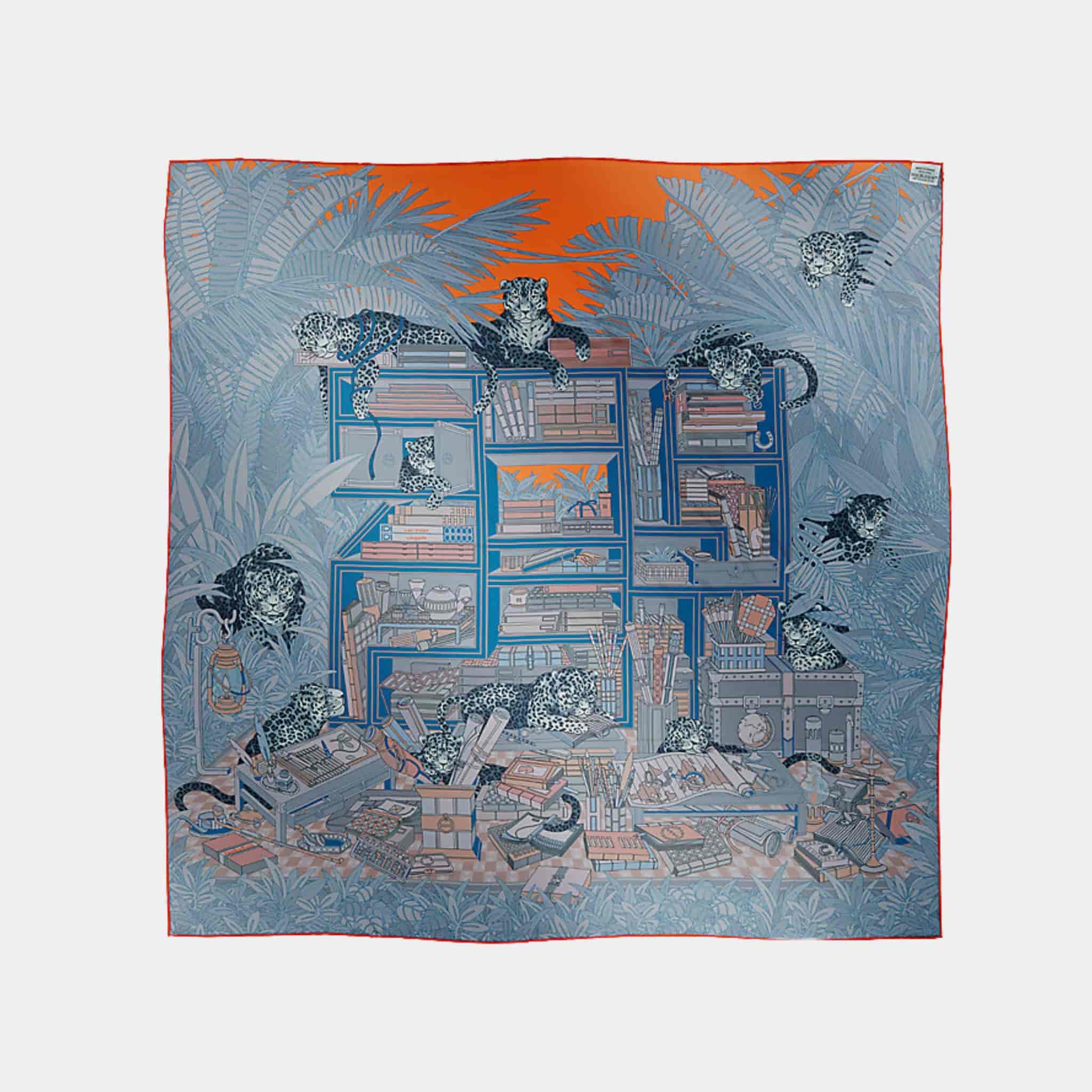 Hermes Les Douze Leopards Double Face Scarf 90, Blue, Back