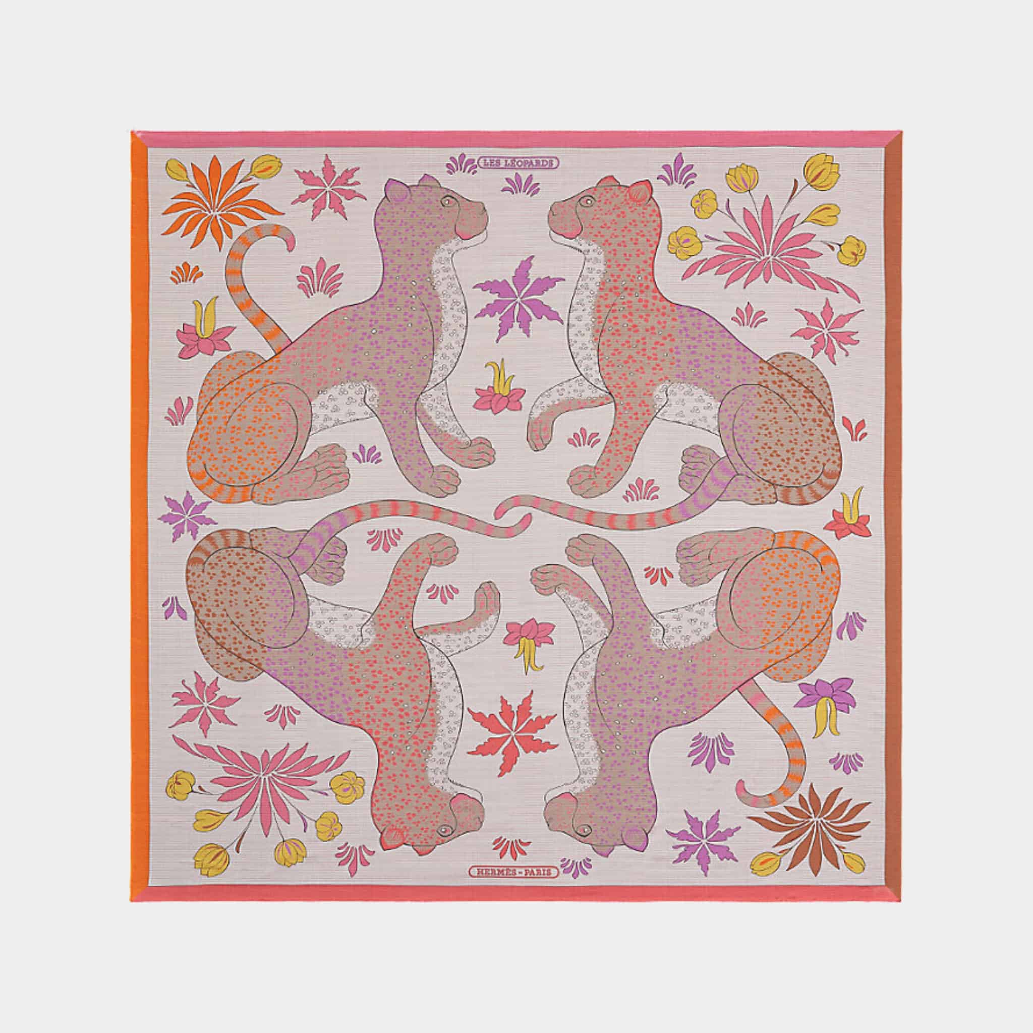 Hermes Les Leopards Scarf 140, Gris, Chine Rose, Front