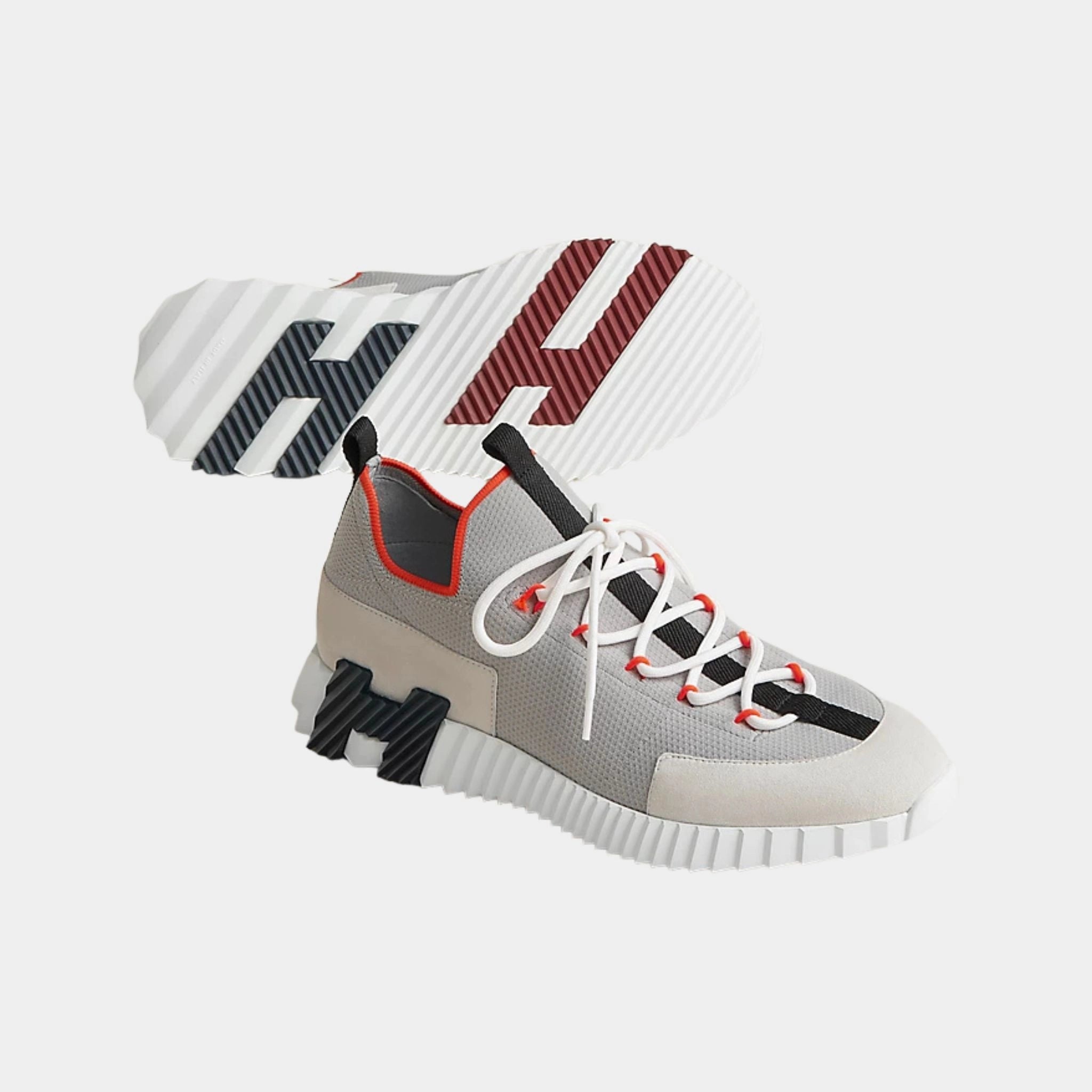 Hermes Lift Slip-On Sneaker Knit & Suede Goatskin , Multicolor Beige Galat, Front And Bottom