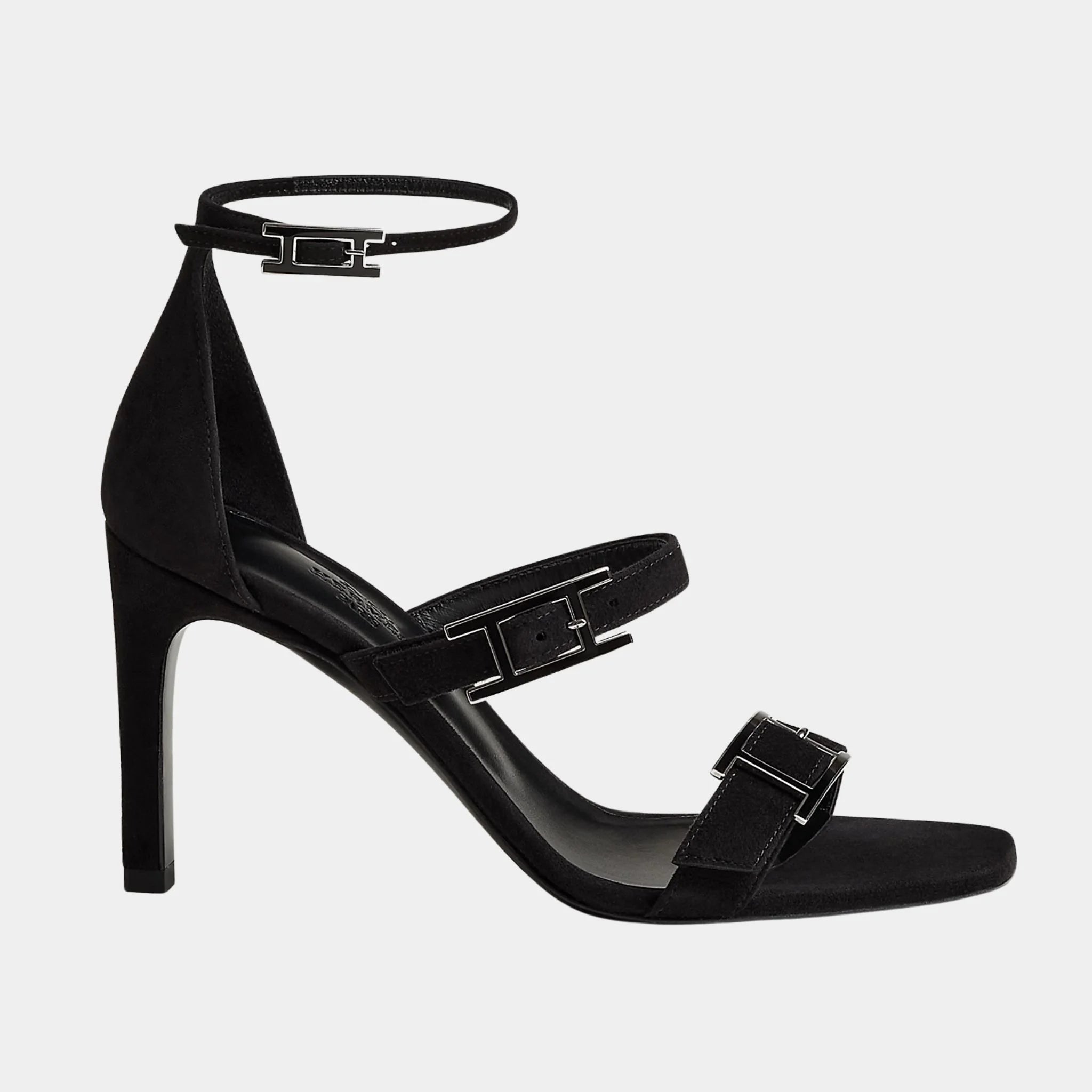 Hermes Liv 90 High Heel Sandal in Suede Goatskin, Noir, Side