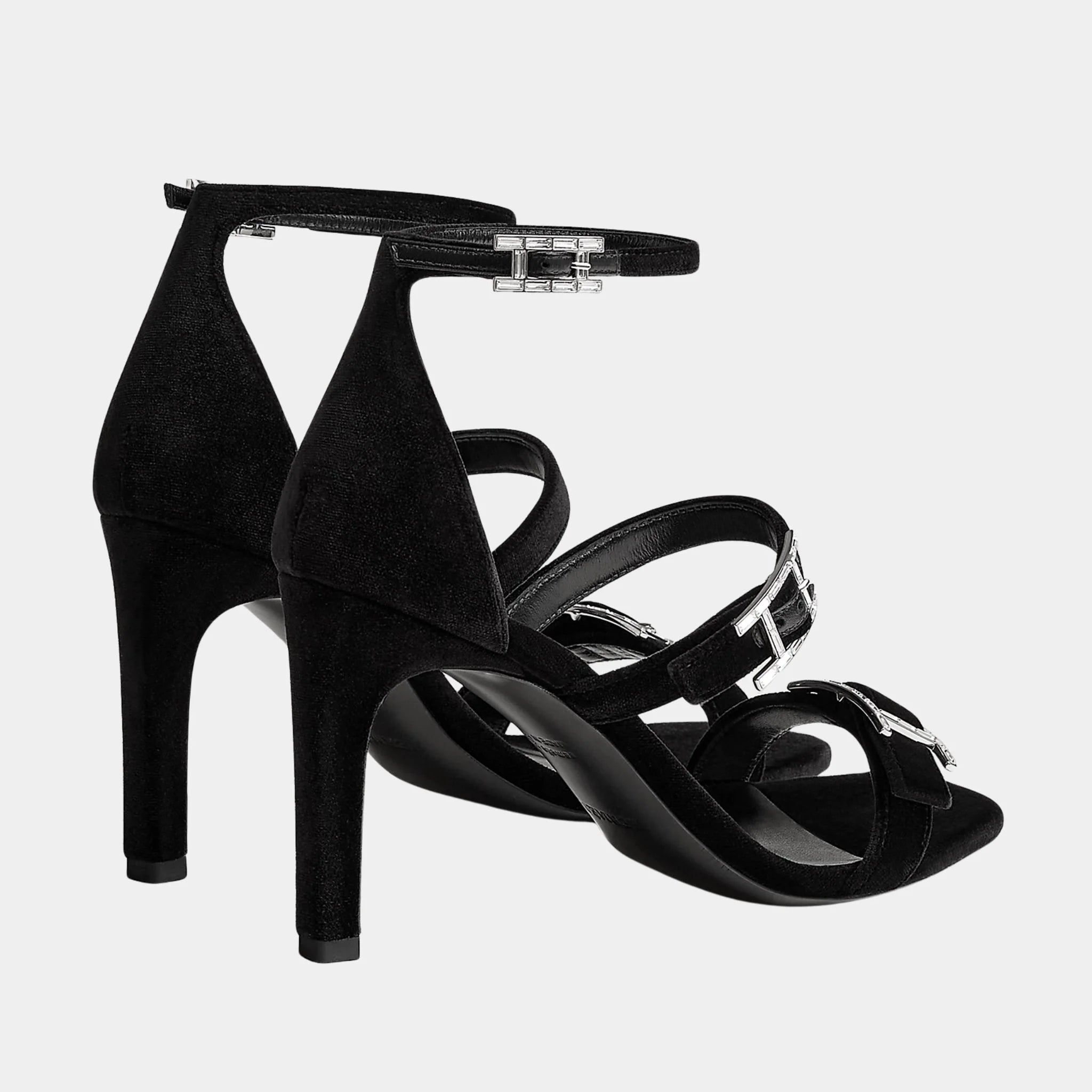 Hermes Liv 90 Sandals in Velvet Fabric, Noir, Back