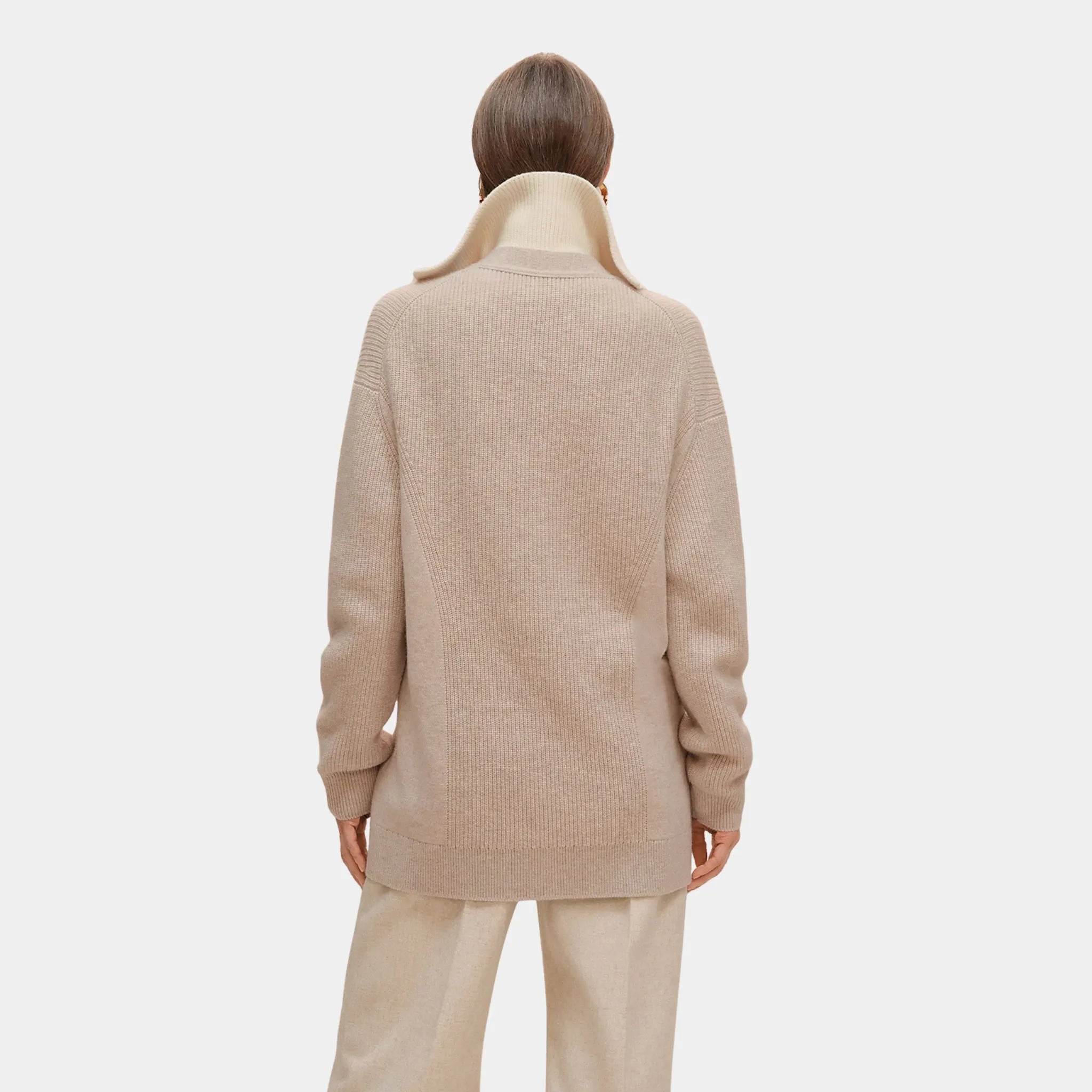 Hermes Long Cardigan in Plain Scottish Cashmere, Beige Naturel, Back