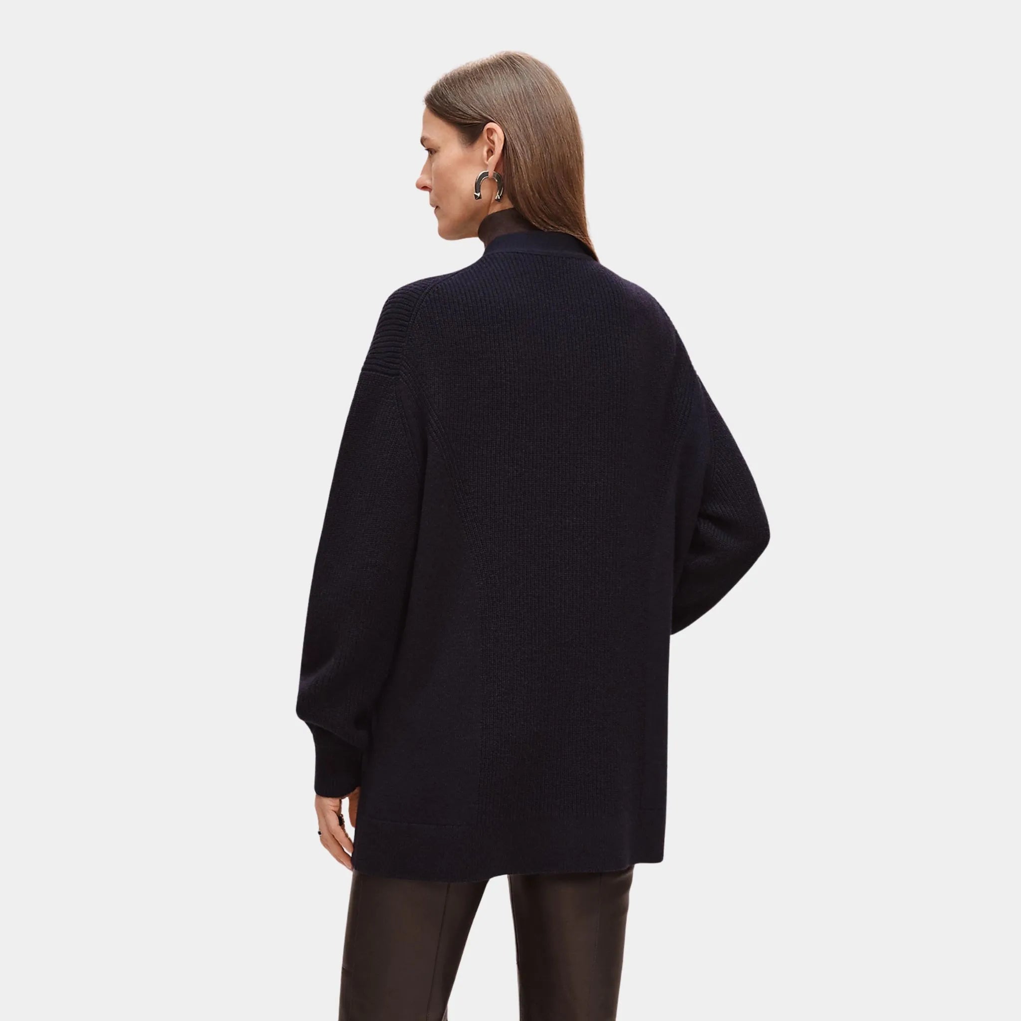 Hermes Long Cardigan in Plain Scottish Cashmere, Bleu Noir, Back