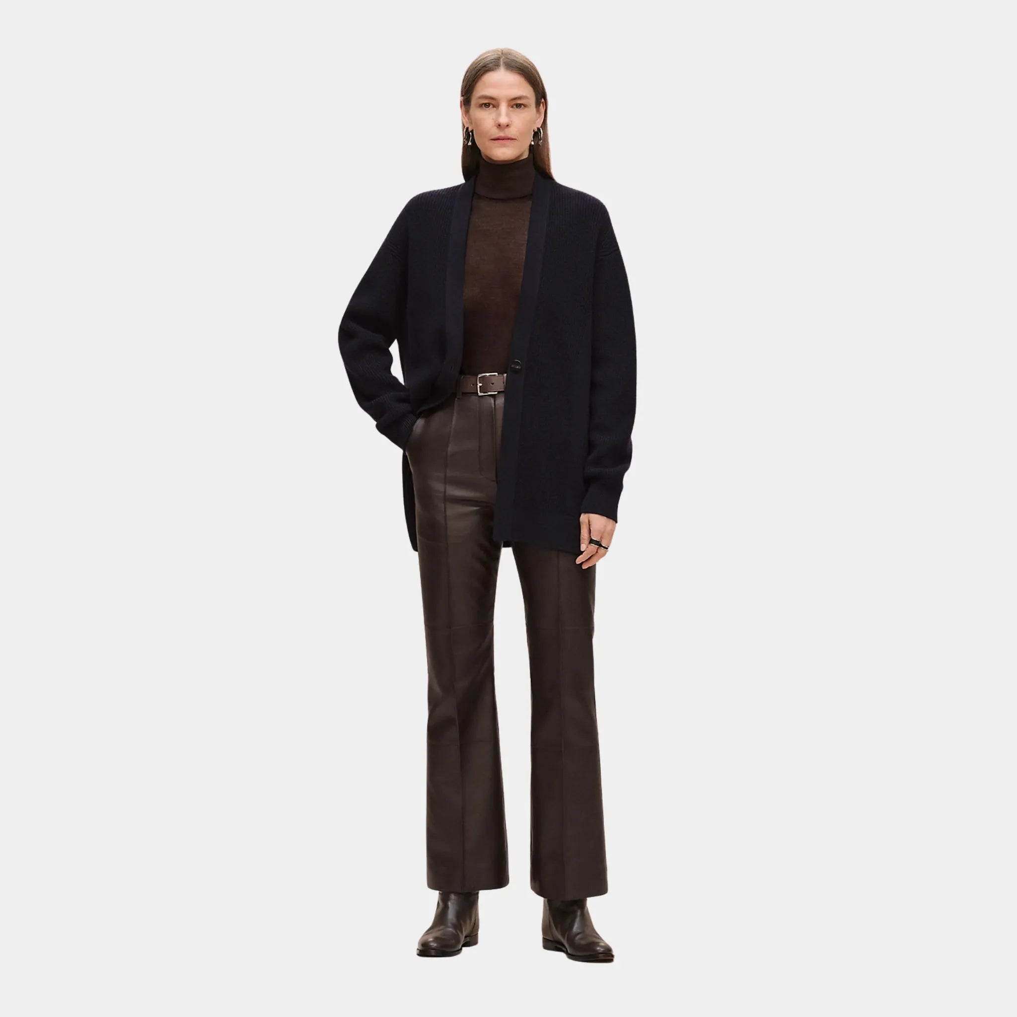 Hermes Long Cardigan in Plain Scottish Cashmere, Bleu Noir, Front