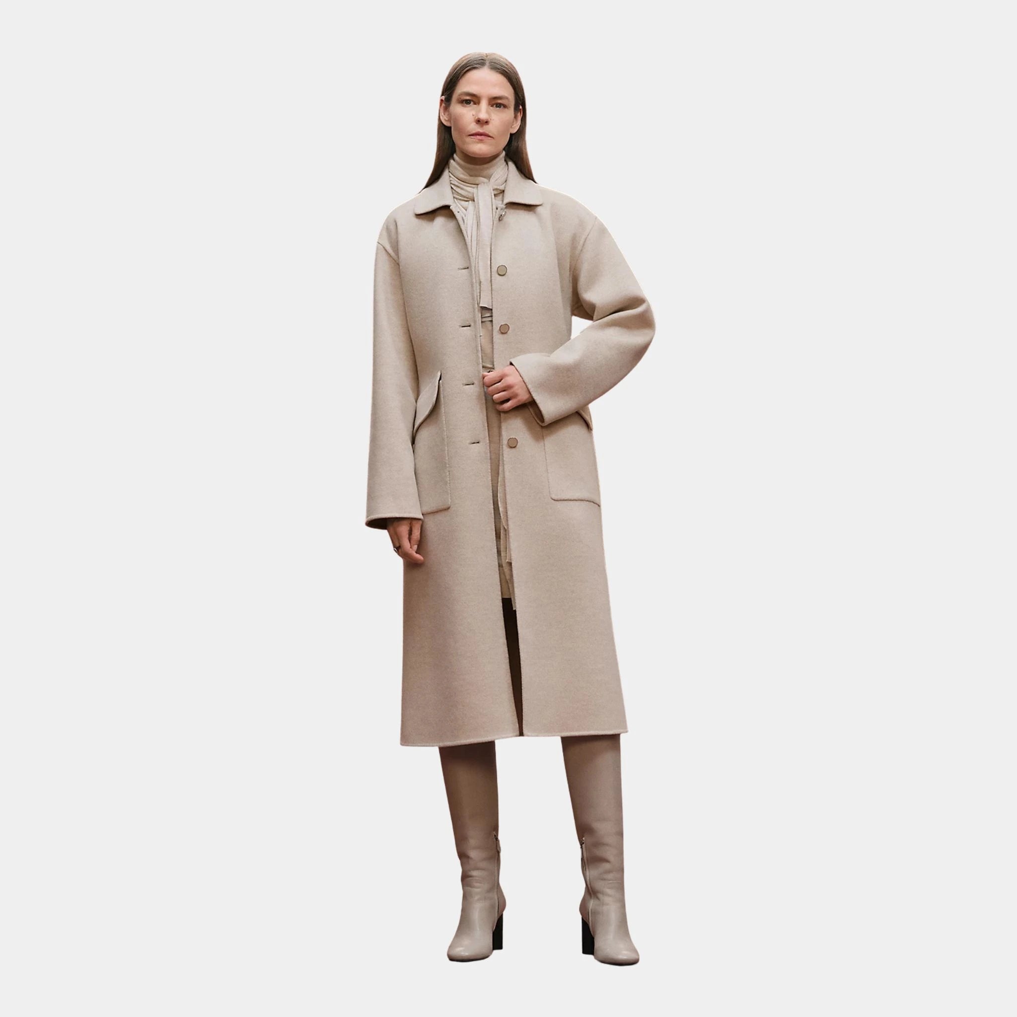 Hermes Long Equestrian Jacket in Double-sided Baby Cashmere, Blanc Naturel, Front