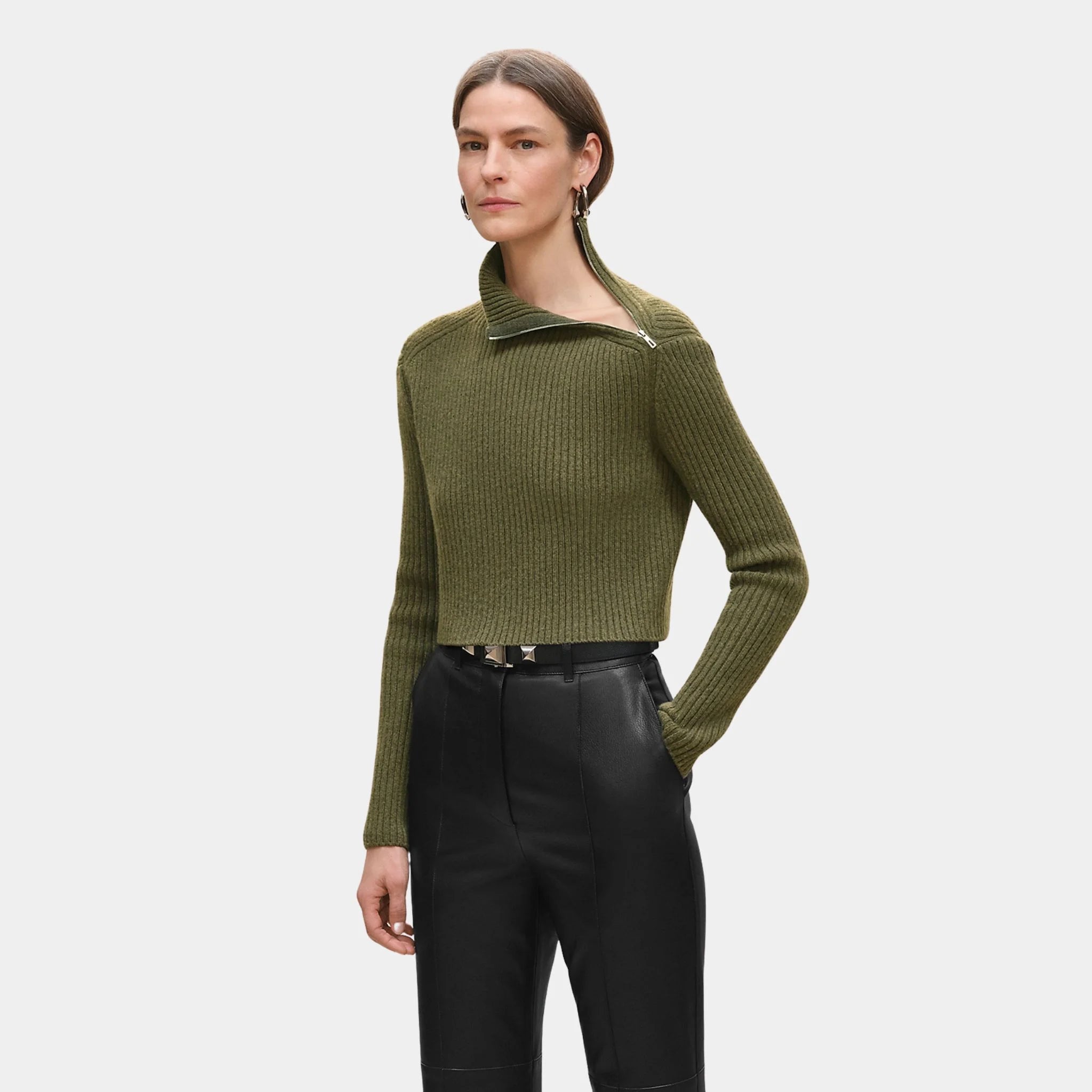 Hermes Long-sleeved Cropped Sweater in Scottish Wool, Khaki, Front