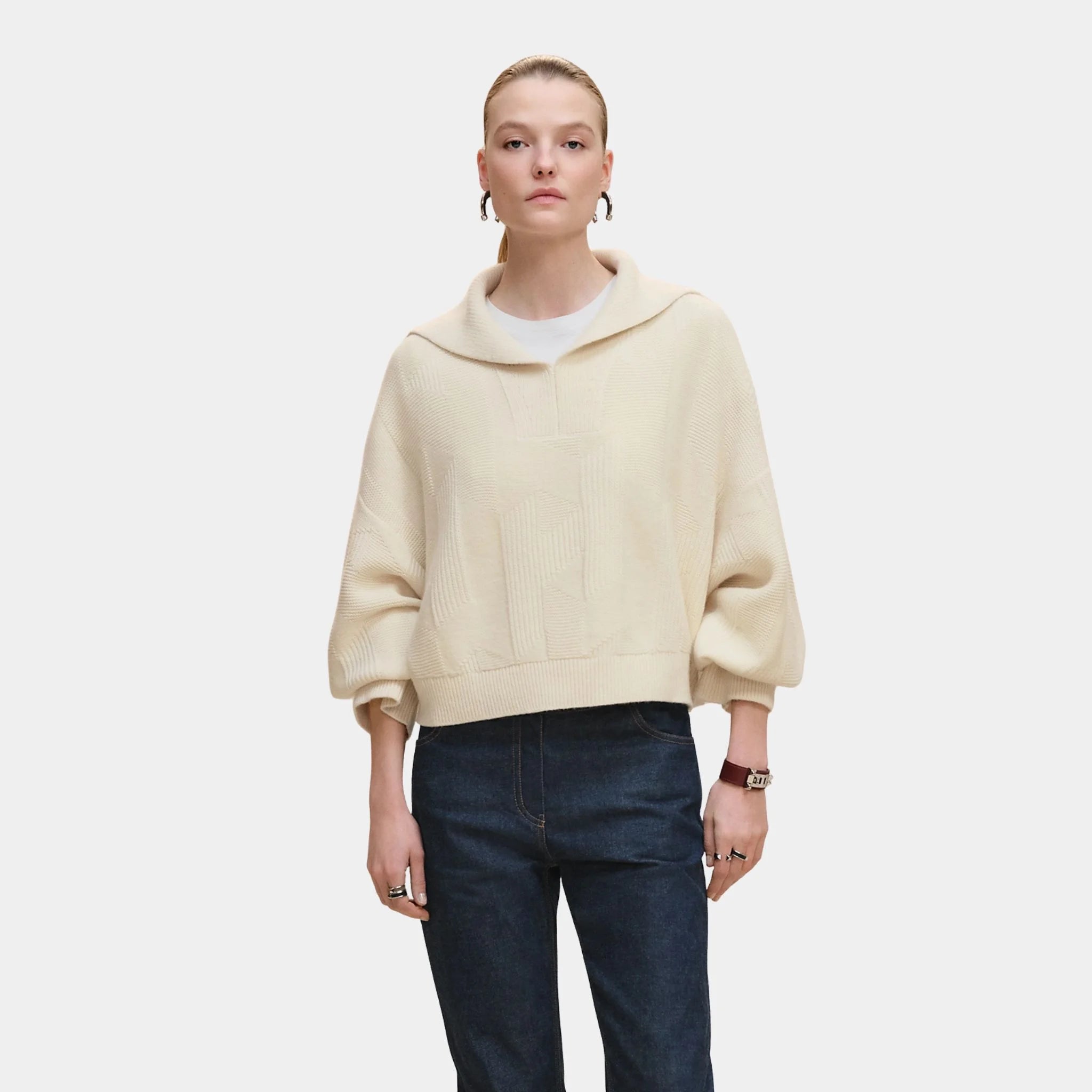 Hermes Long-sleeved H Pattern Sweater, Blanc Naturel, Front