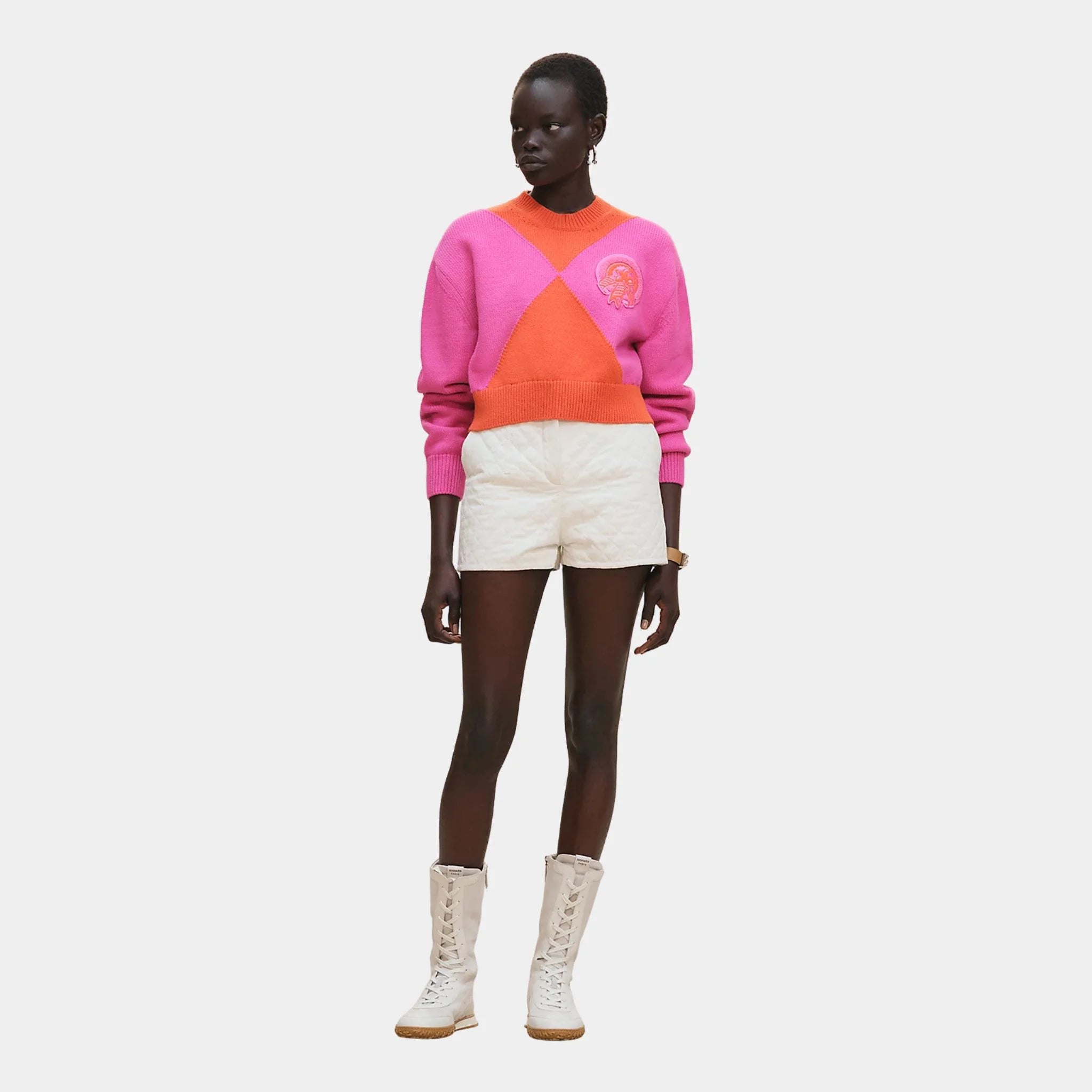 Hermes Long-sleeved Sweater in Thick Two-tone Cotton, Rose Sakura, Model