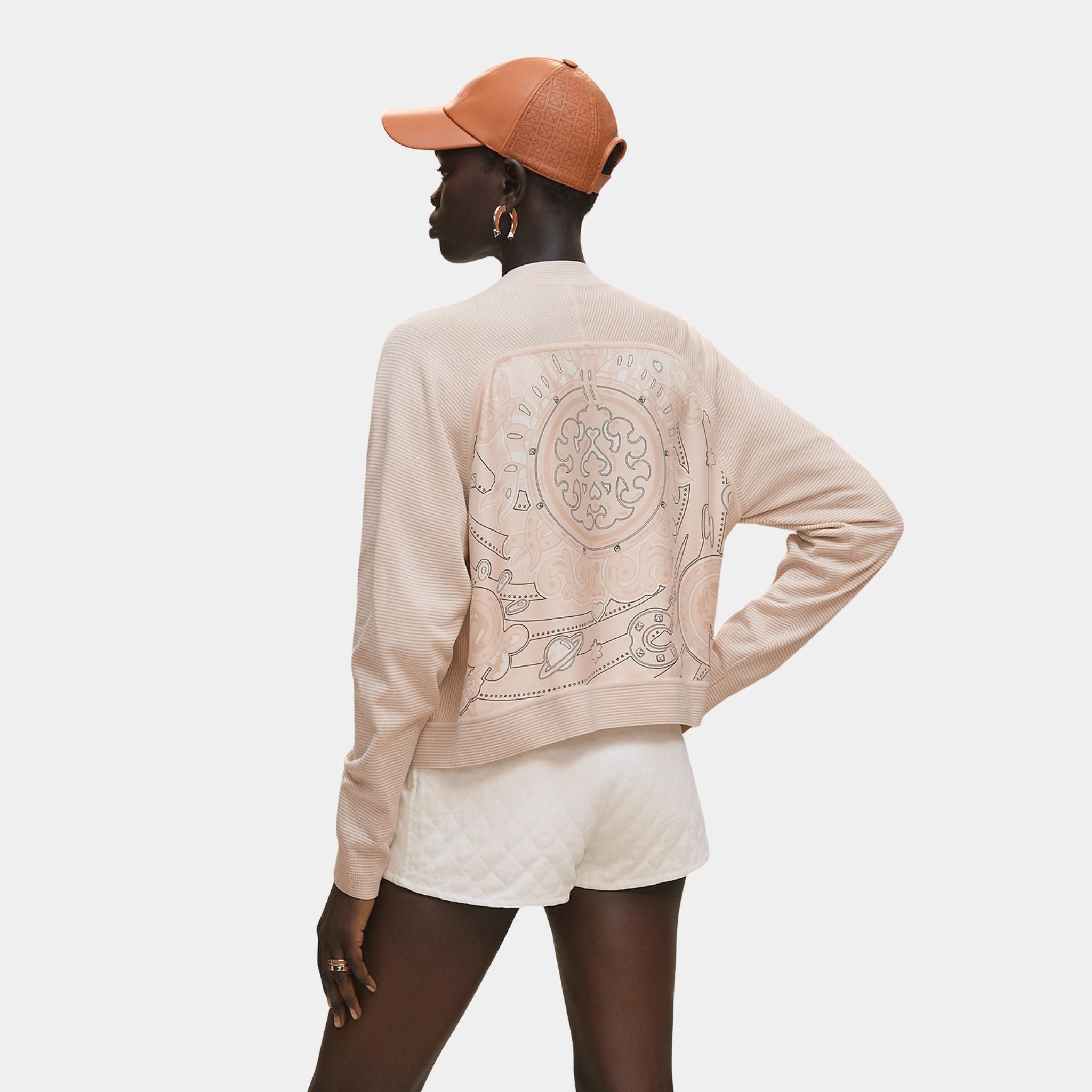 Hermes Long-sleeved Twillaine Cardigan with Candy Libris Print, Blanc Perle, Back