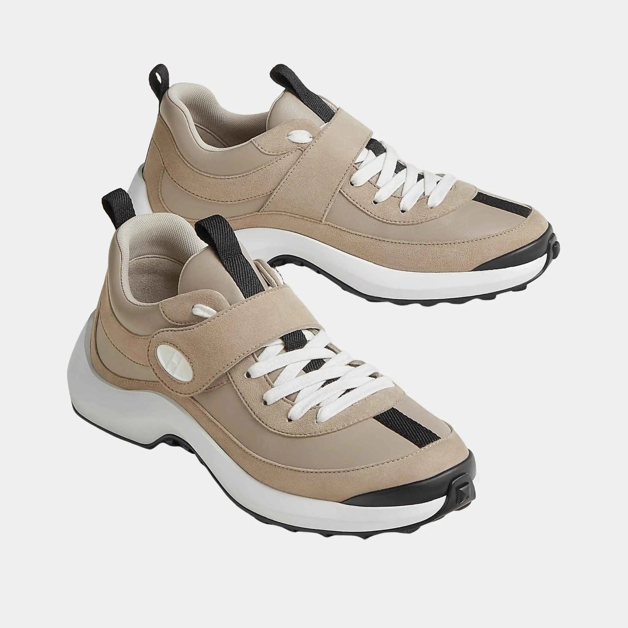 Hermes Loop Sneakers in Calfskin and Suede Goatskin, Beige Galet, Front