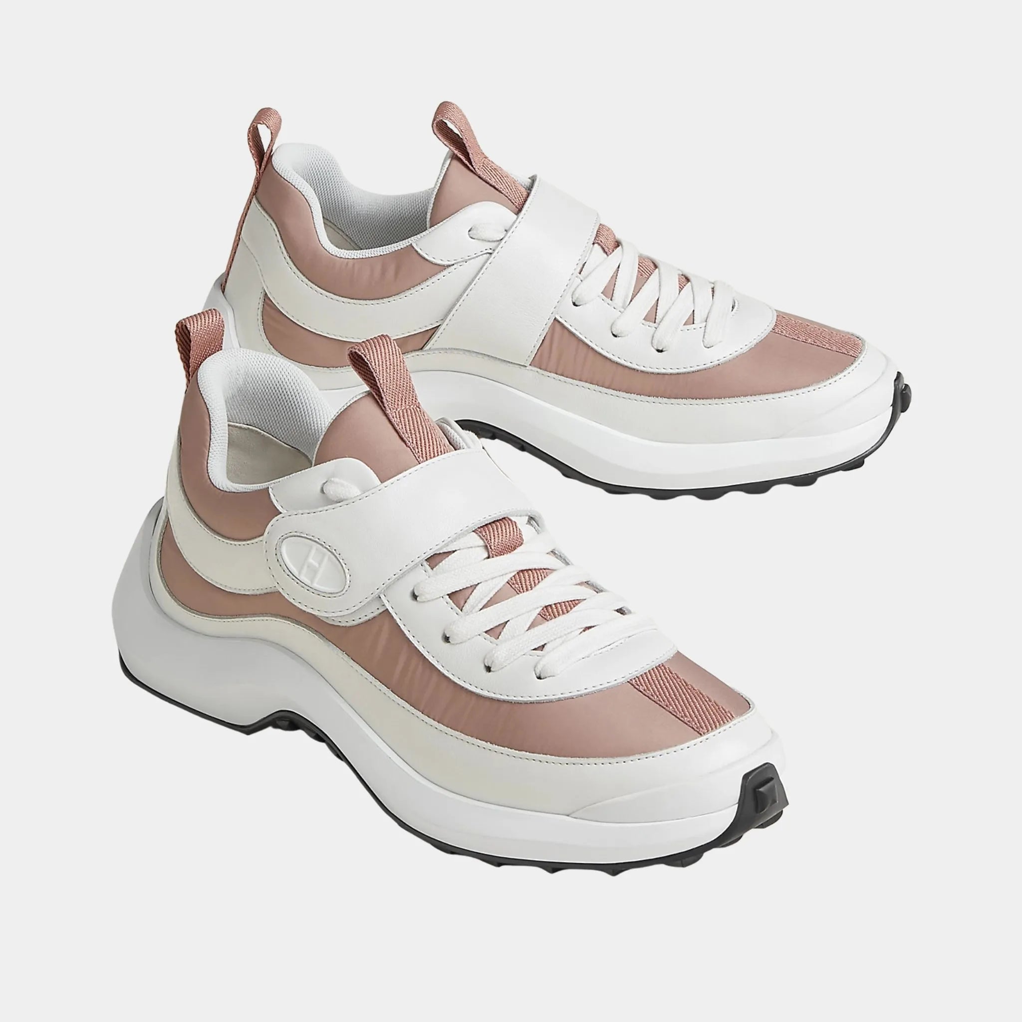 Hermes Loop Sneakers in Parachute Fabric and Calfskin, Rose Antique, Front