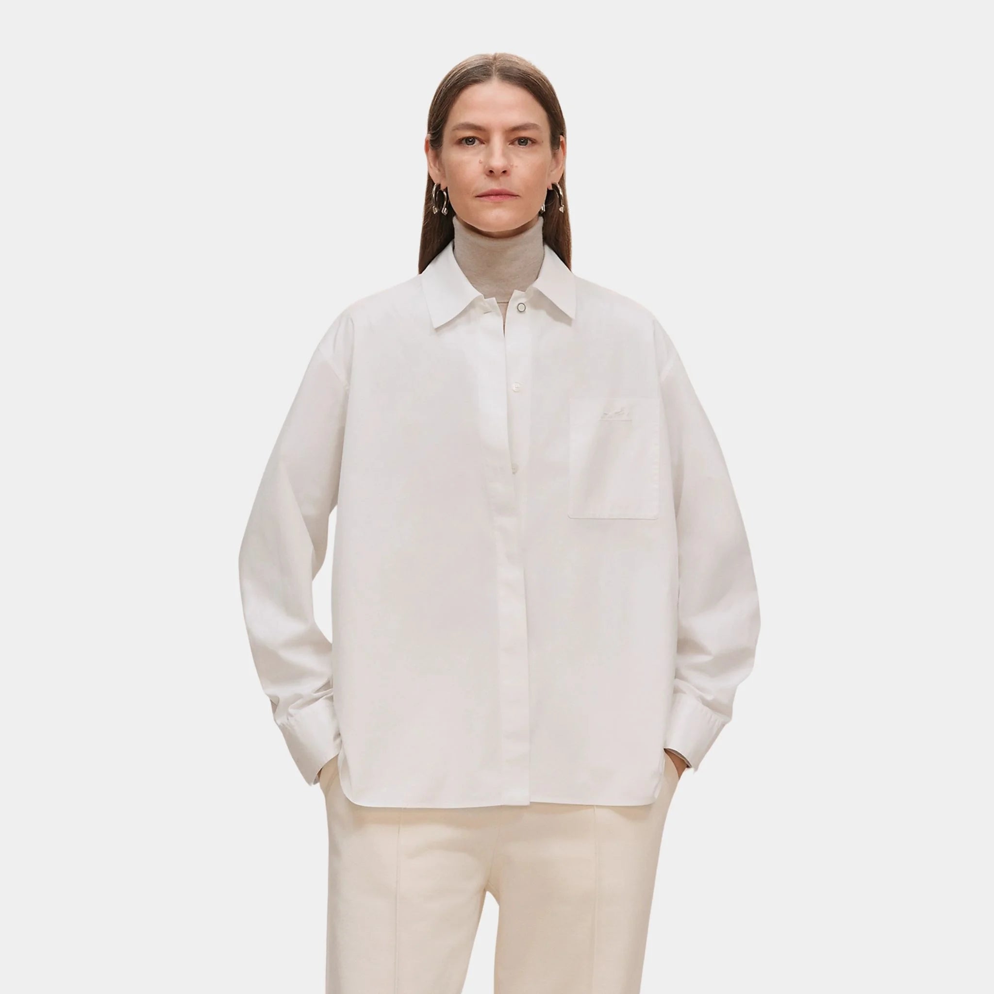 Hermes Loose-fitting Cotton Twill Shirt, Blanc, Front