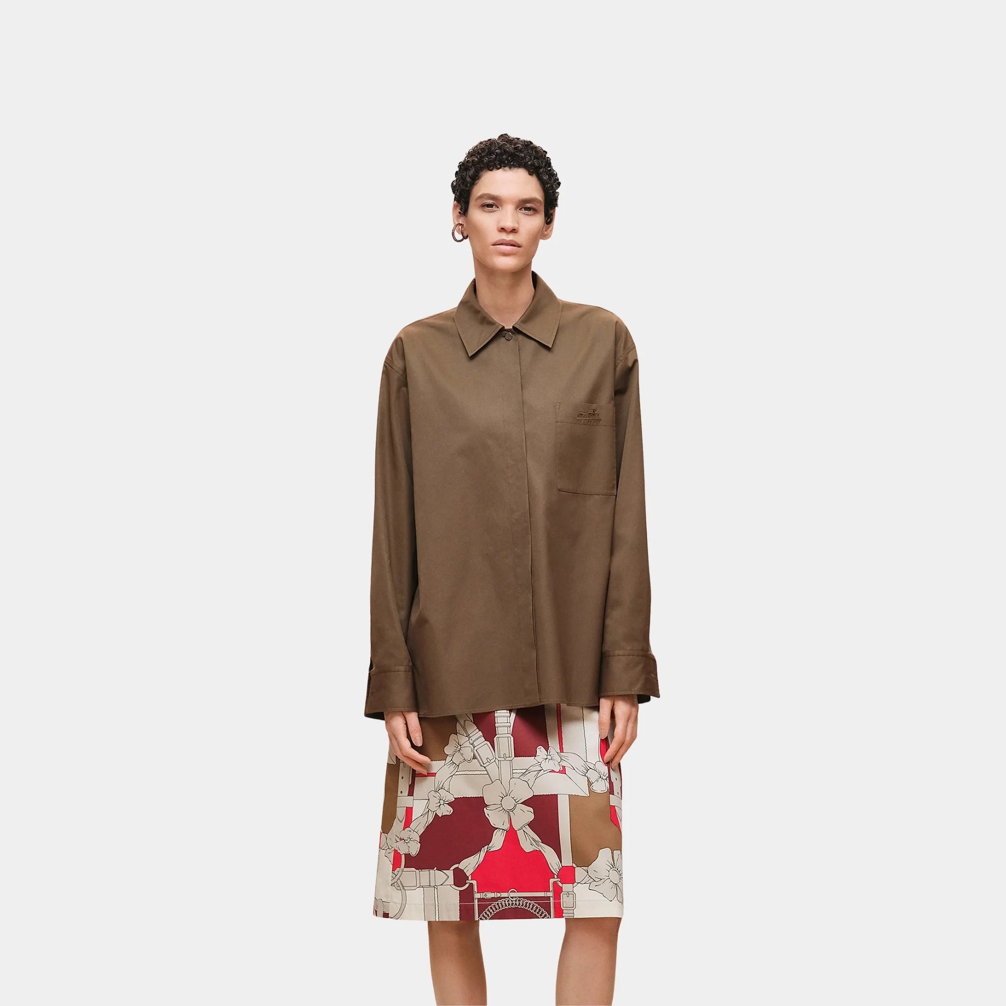 Hermes Loose-fitting Cotton Twill Shirt, Marron Muschio, Front