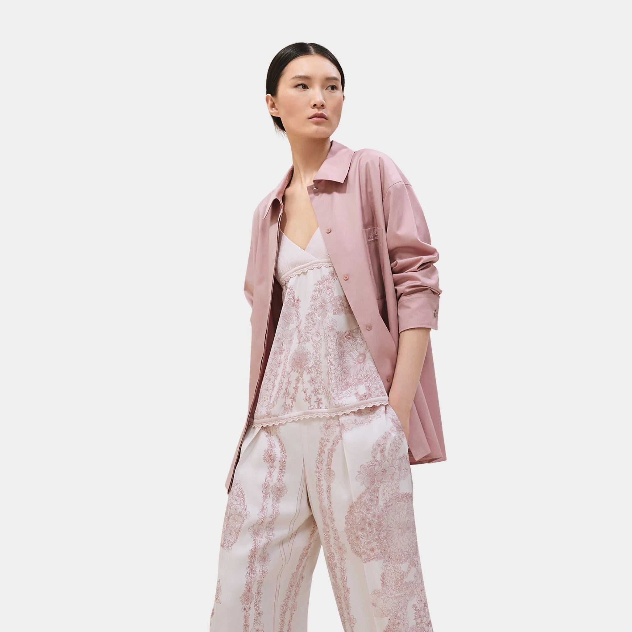 Hermes Loose-fitting Cotton Twill Shirt, Rose Cancan, Front