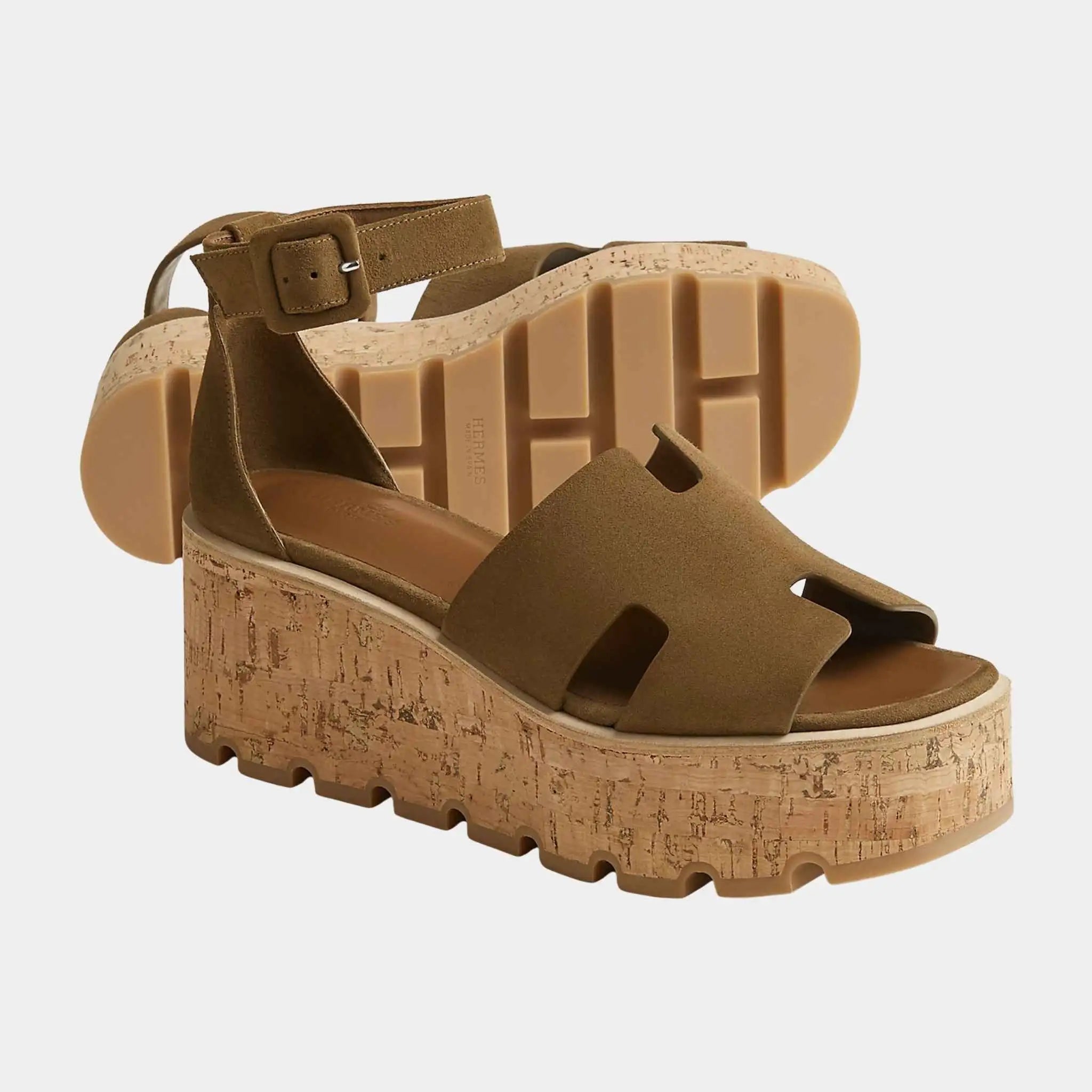 Hermes Luce 30 Sandals in Suede Goatskin, Terre Ambree, Front