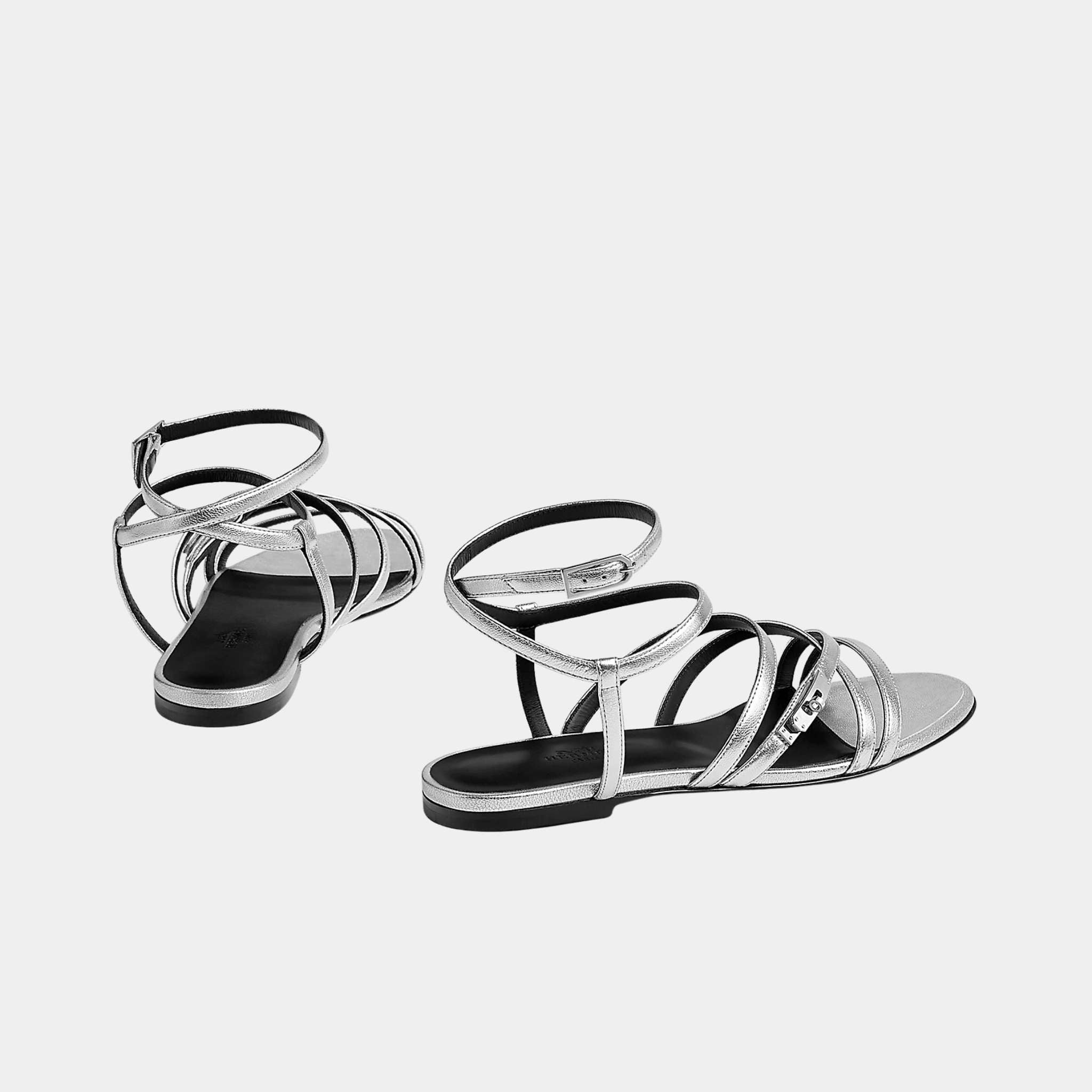 Hermes Lullaby Sandals in Metallic Goatskin, Gris Argente, Back