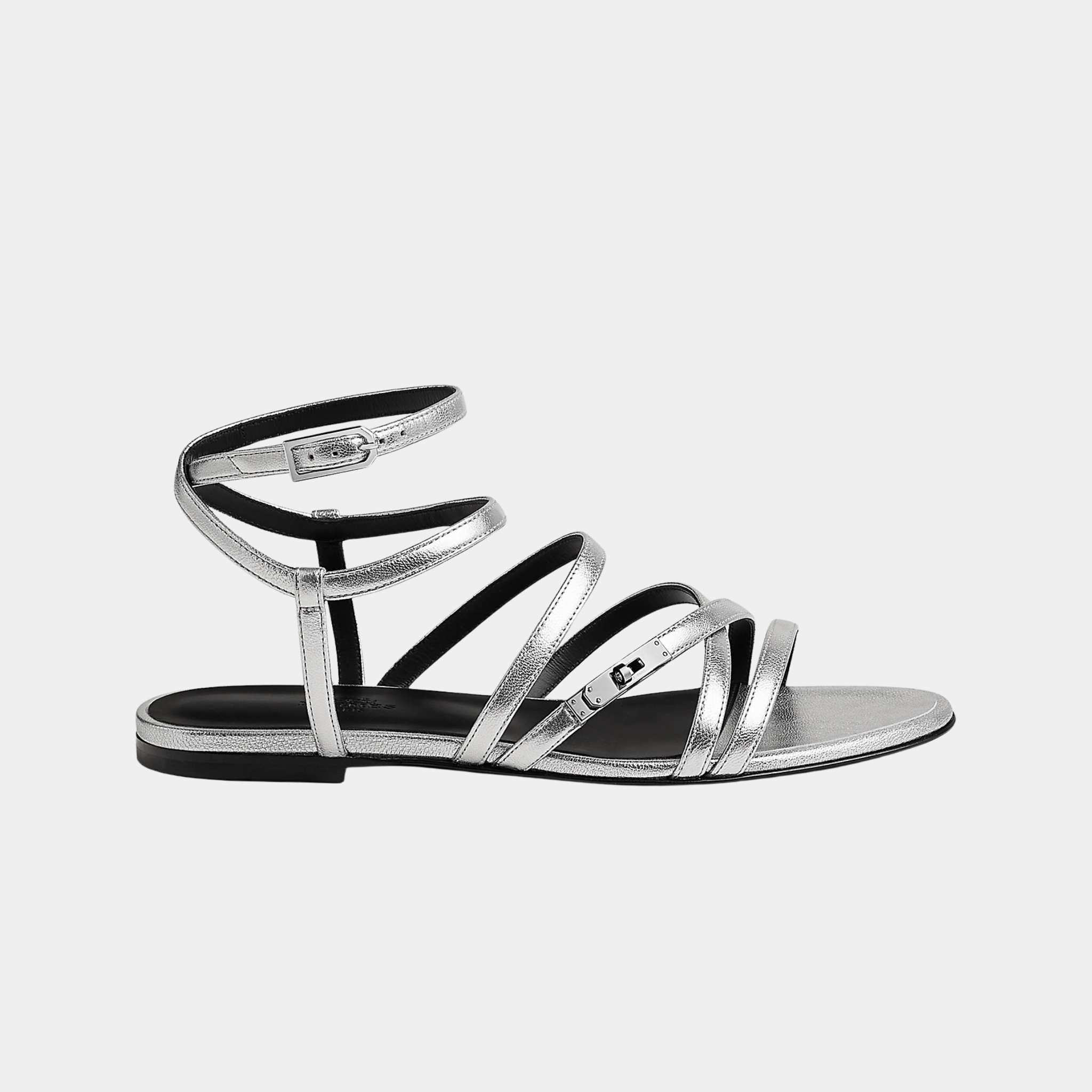 Hermes Lullaby Sandals in Metallic Goatskin, Gris Argente, Side