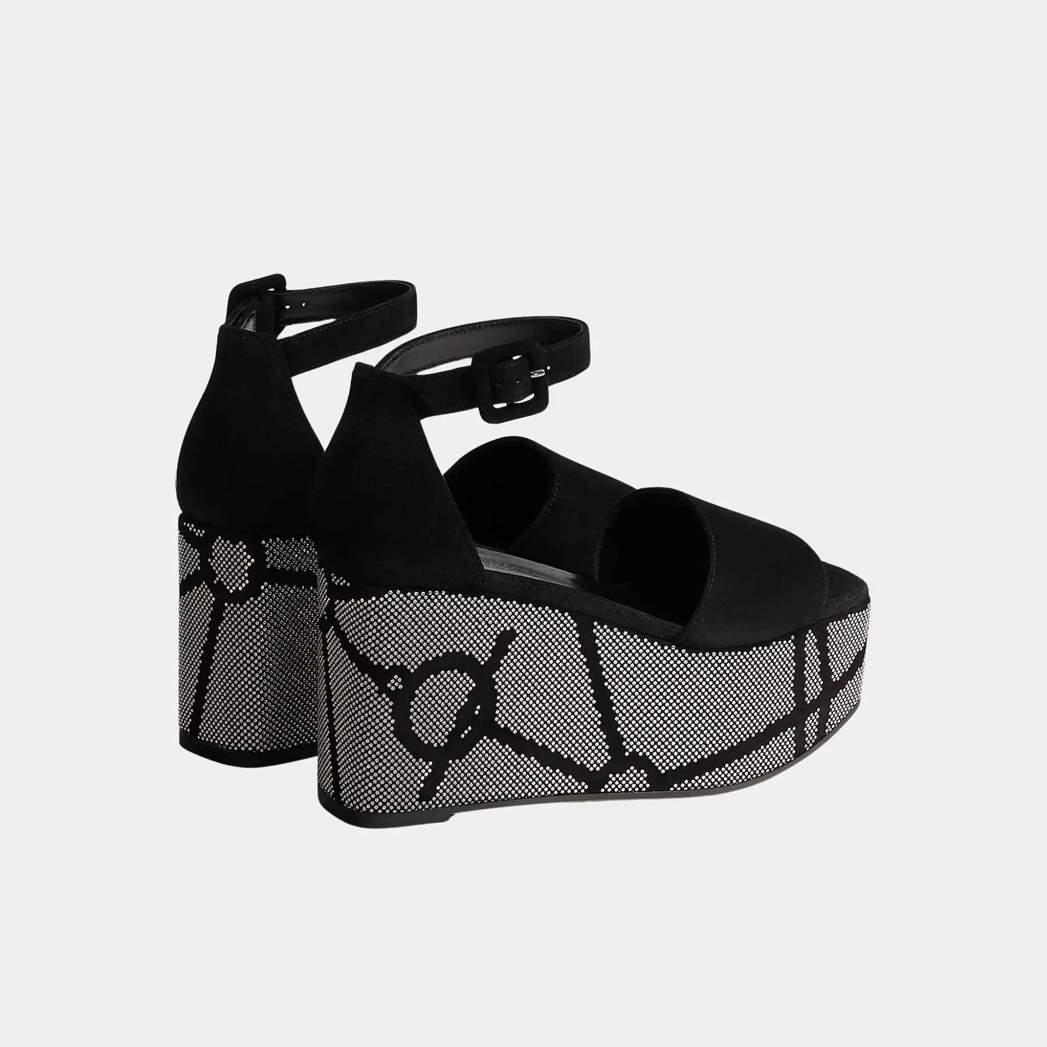 Hermes Luminous 35 Platform Sandals in Suede Goatskin, Noir, Crystal, Back