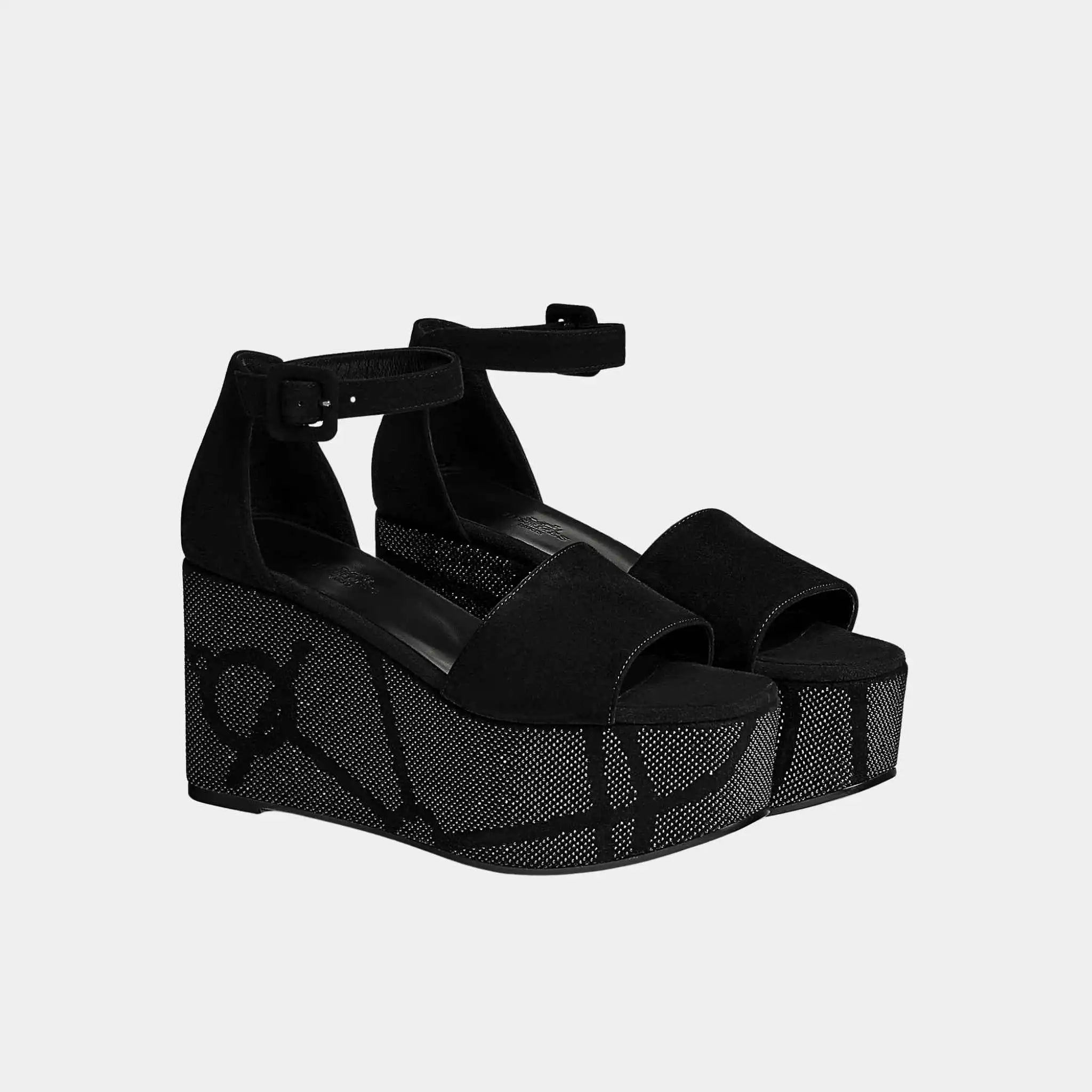 Hermes Luminous 35 Platform Sandals in Suede Goatskin, Noir, Front