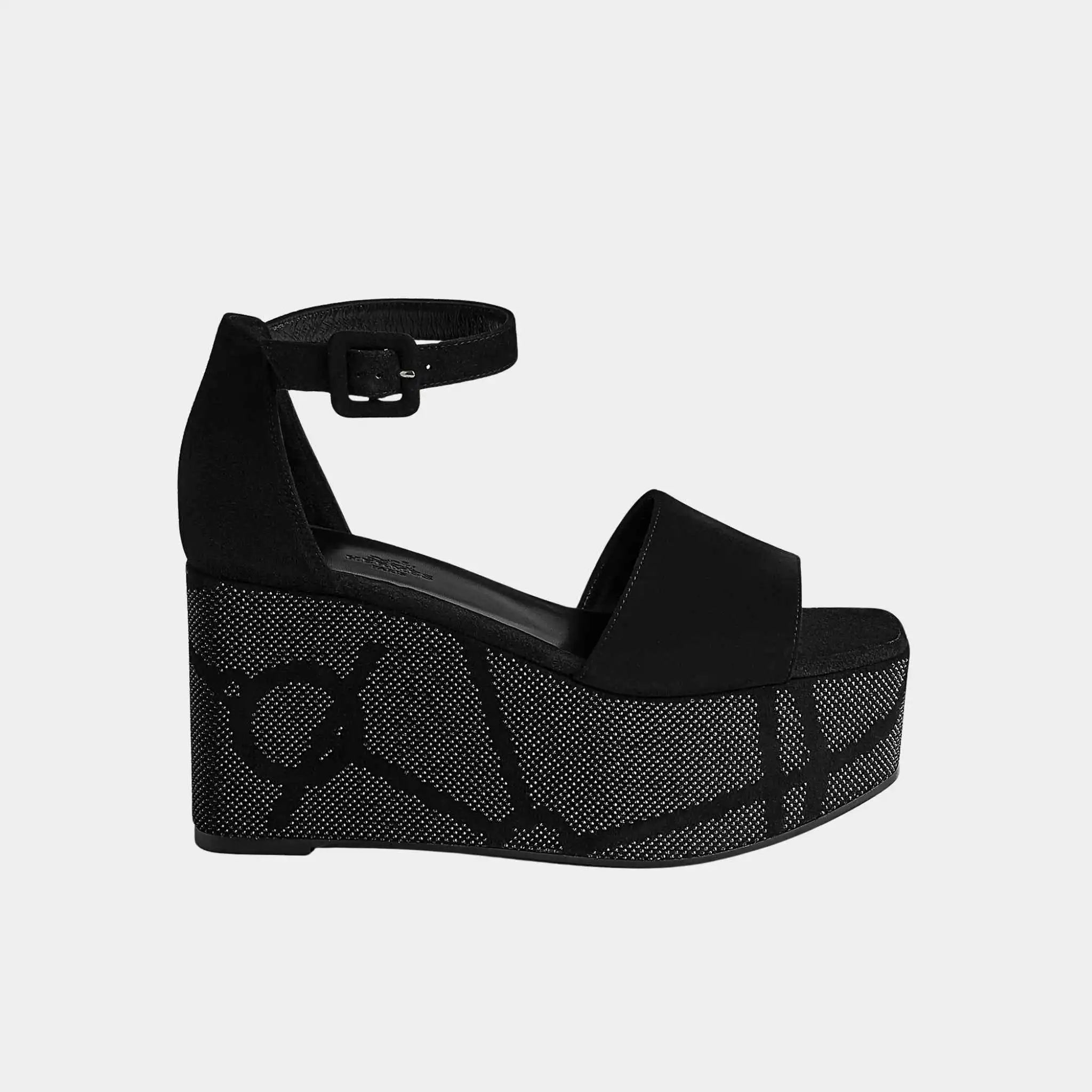 Hermes Luminous 35 Platform Sandals in Suede Goatskin, Noir, Side