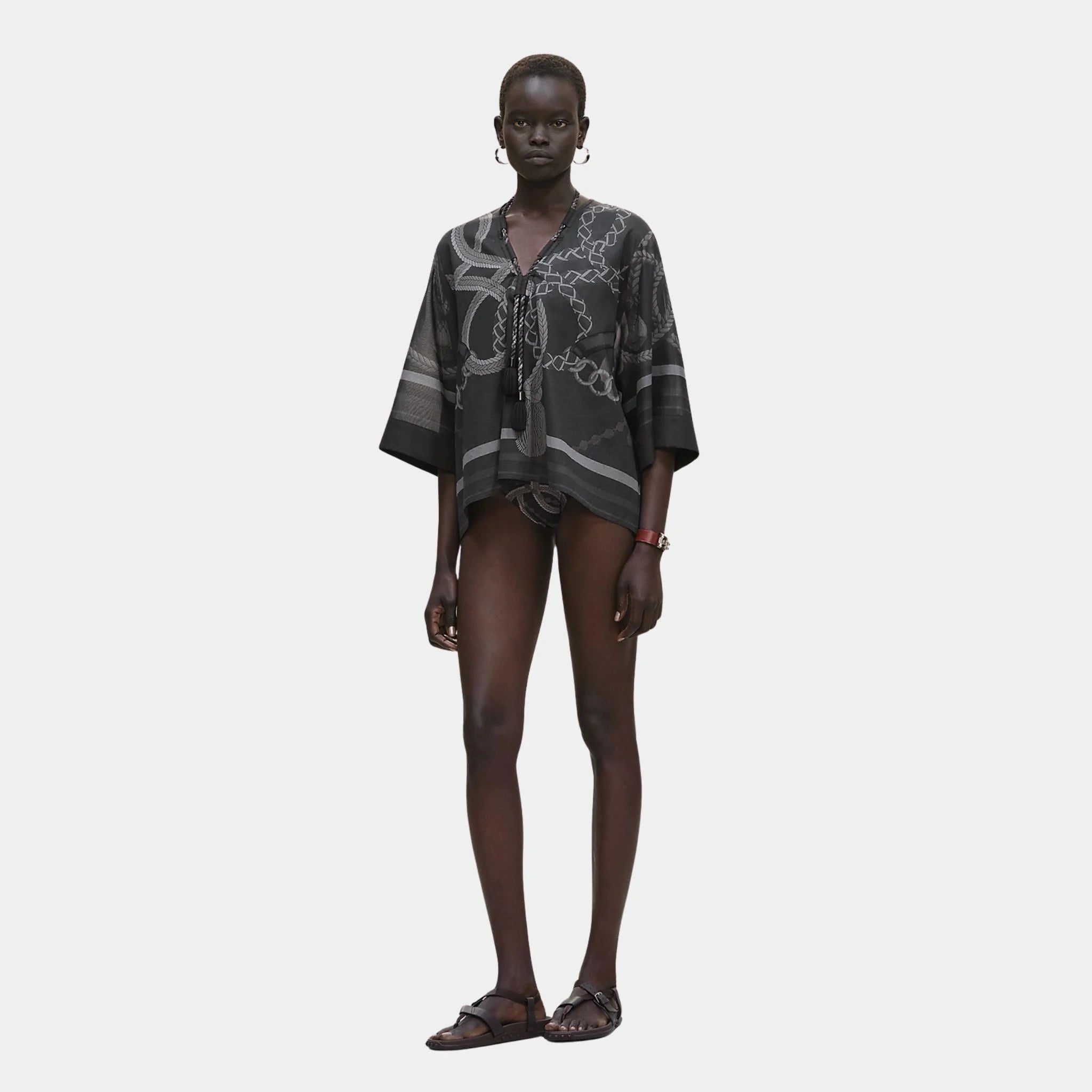 Hermes Maxi Beach Blouse with Palefroi Remix Print, Gris Charbon, Front